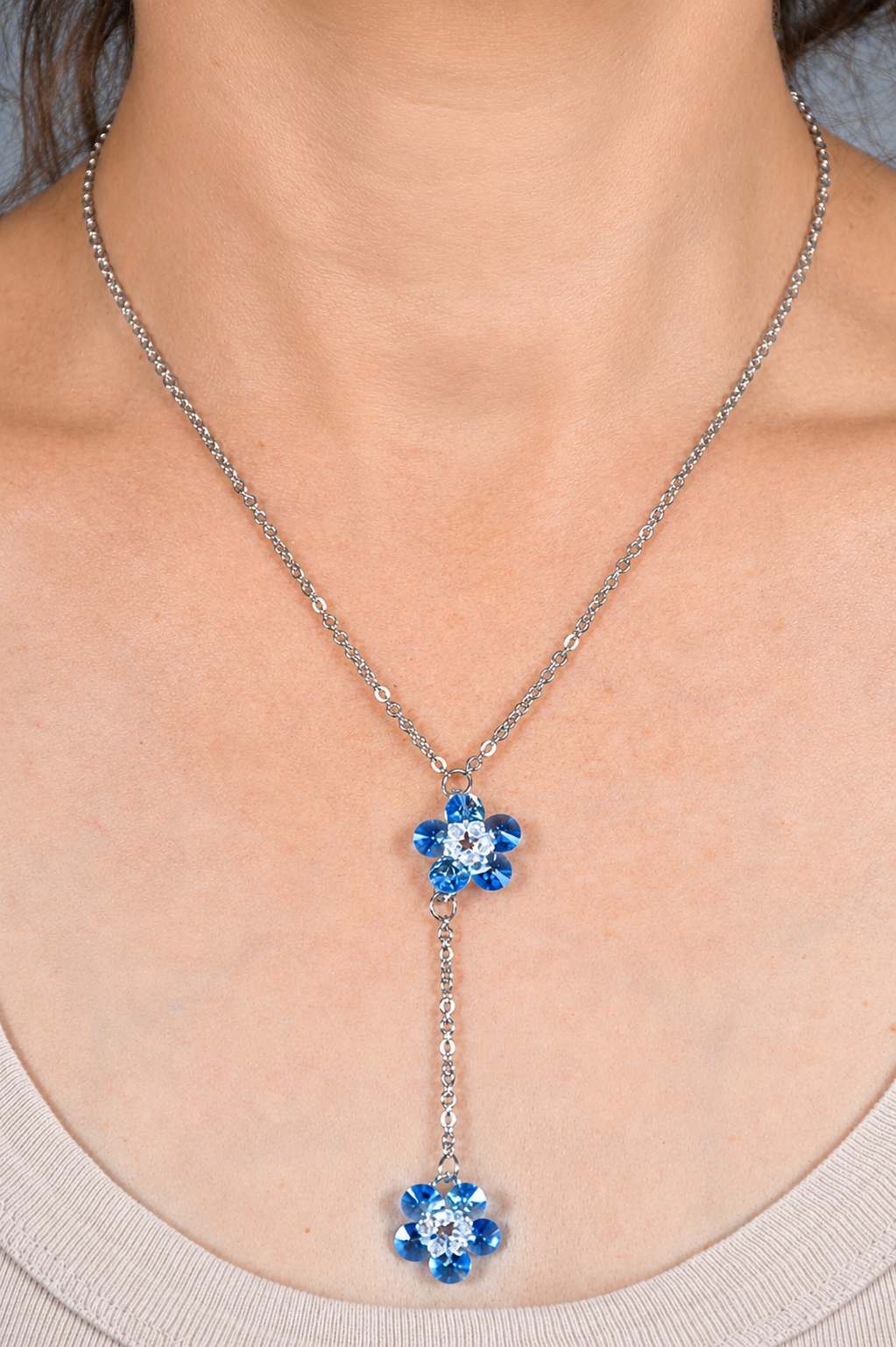 Blue Crystal Flower Necklace Set, Matching Earrings, Lariat Y Necklace