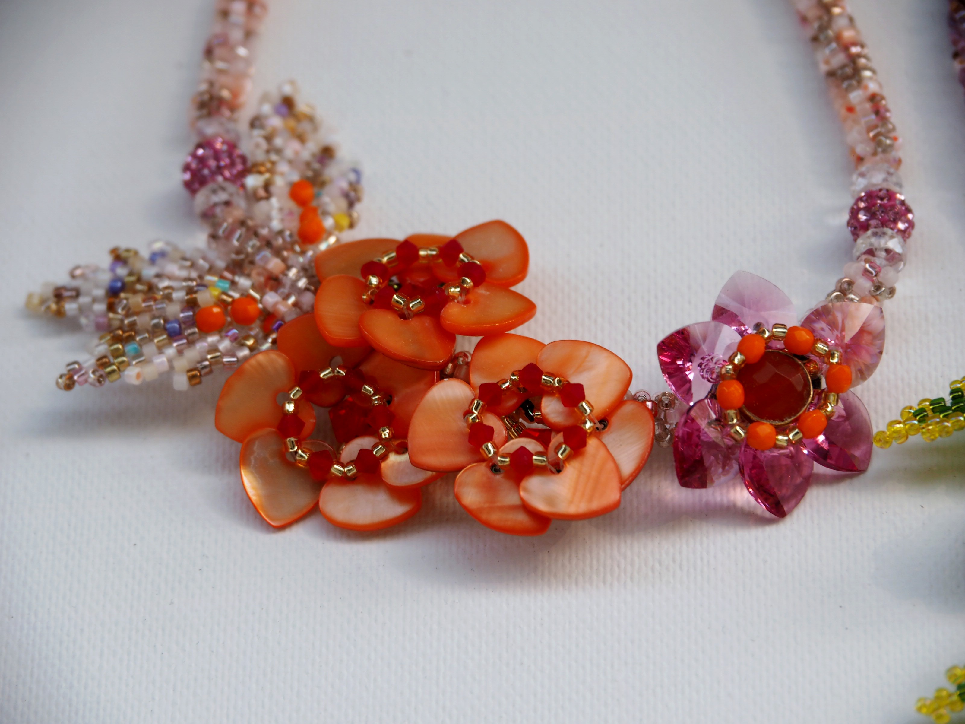 Orange Coral Flower Necklace, Pink Crystal Statement, Mother Of Pearl Jewelry