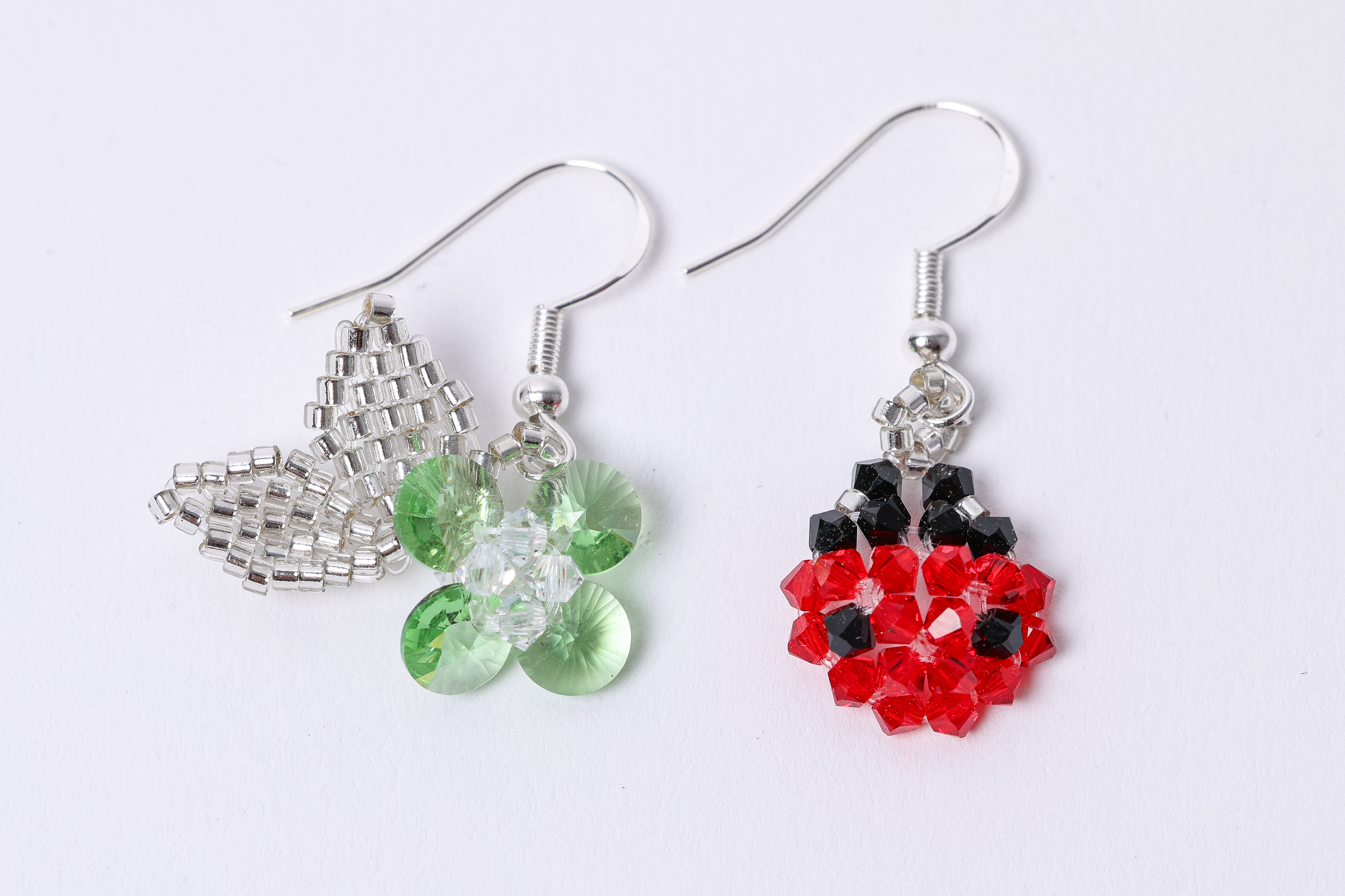 Mismatched Flower Earrings, Green Red Crystal Dangle, Unique Statement Earrings, photo 4