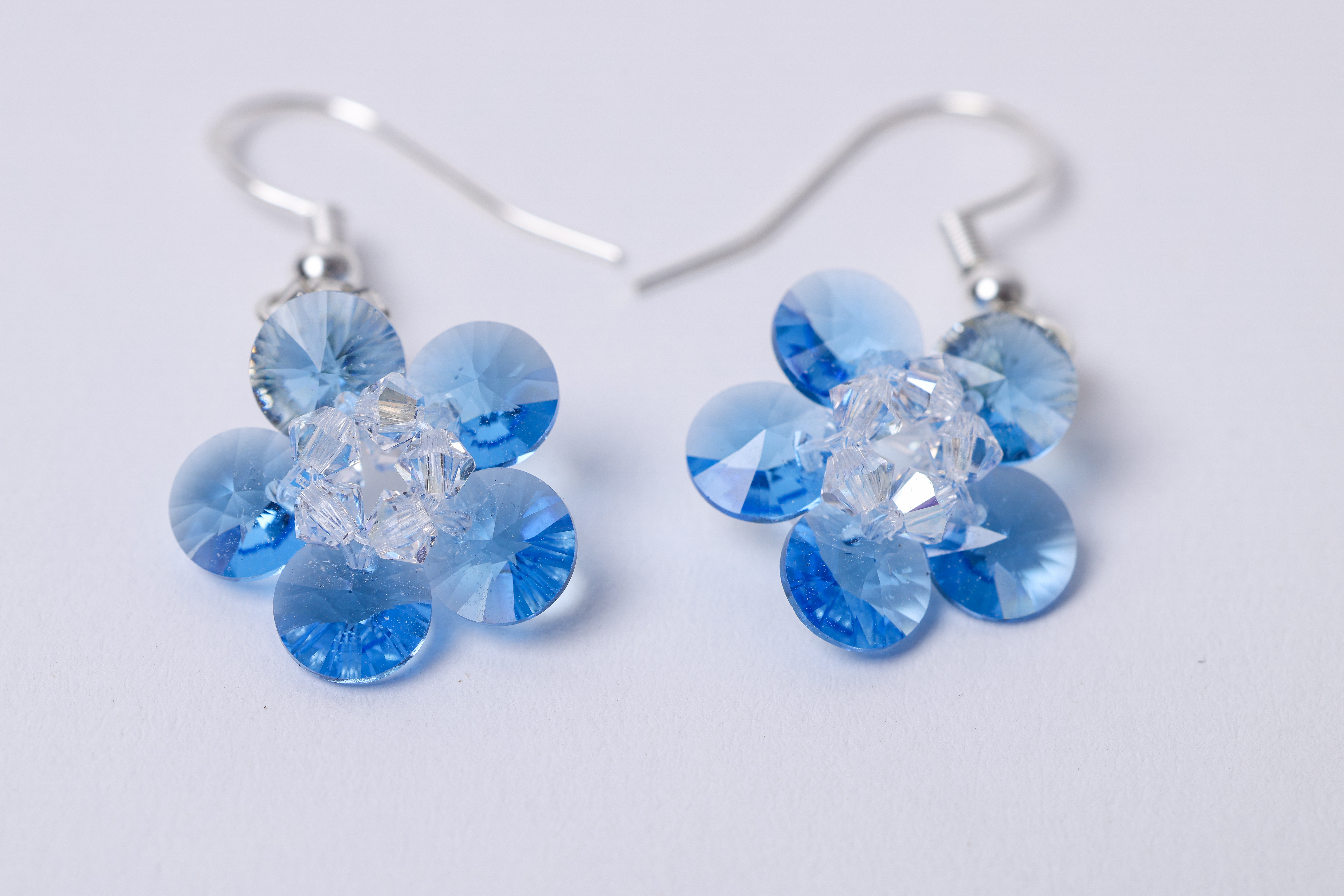 Blue Crystal Flower Earrings, Clear Center Dangle, Delicate Statement Earrings, photo 4