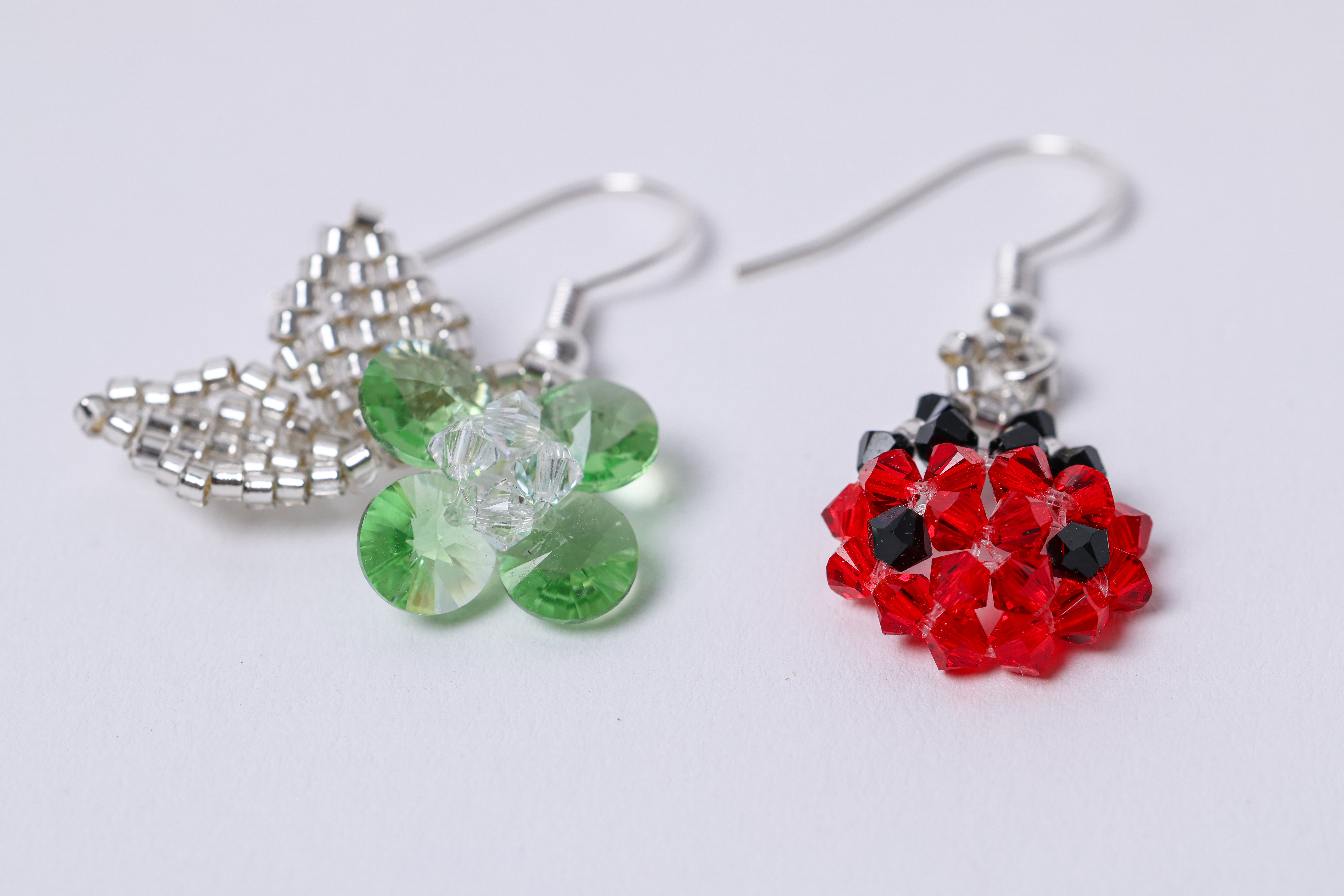 Mismatched Flower Earrings, Green Red Crystal Dangle, Unique Statement Earrings, photo 3