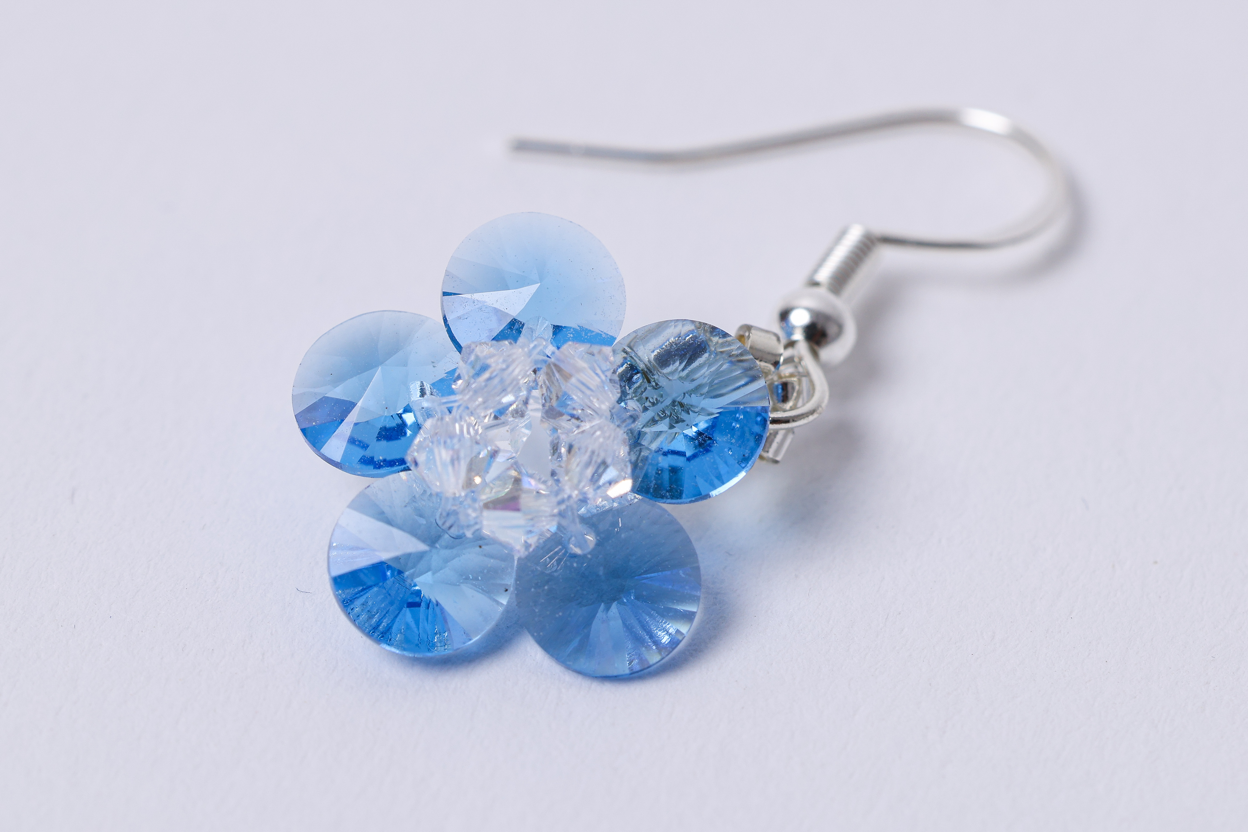 Blue Crystal Flower Earrings, Clear Center Dangle, Delicate Statement Earrings, photo 2