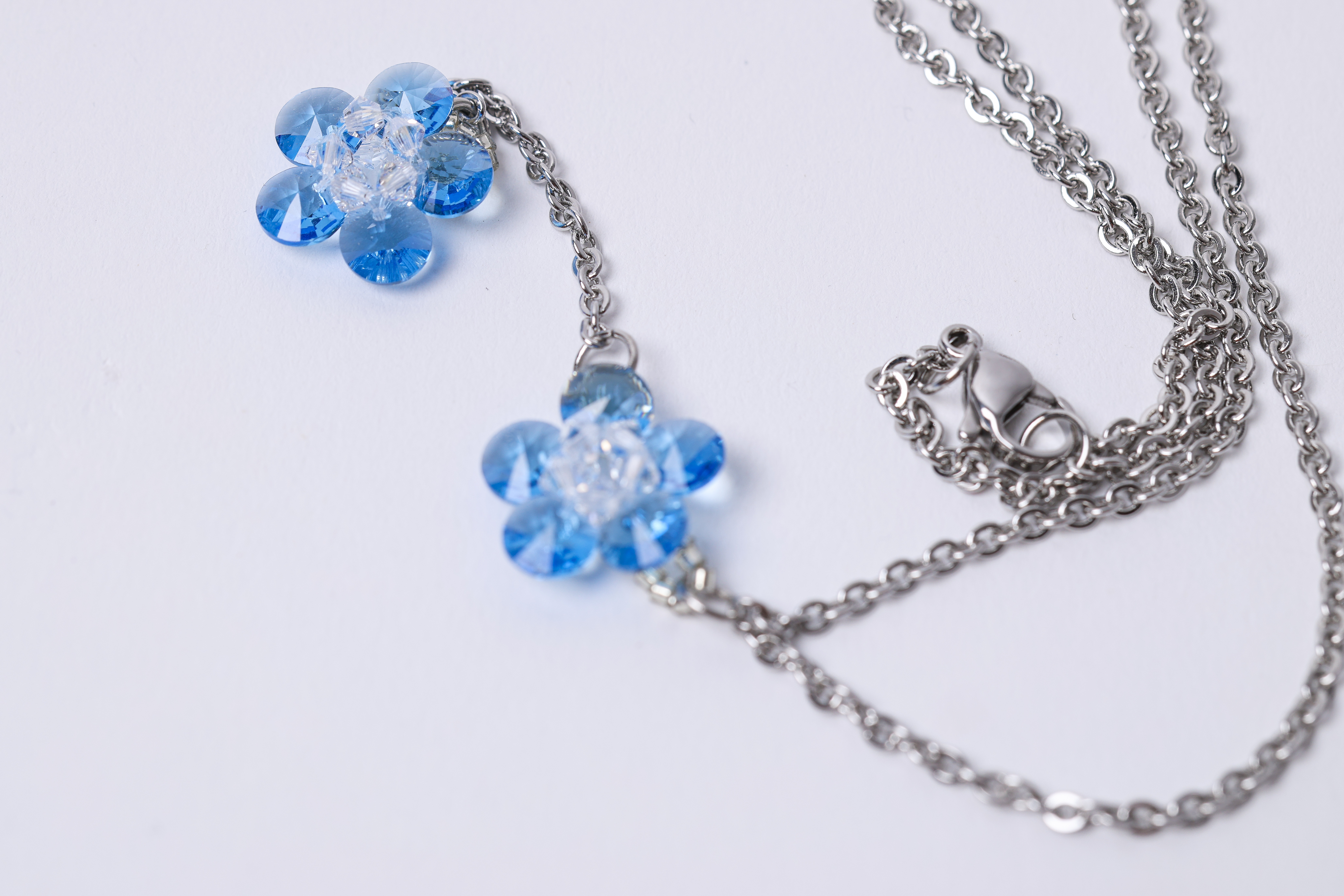 Blue Crystal Flower Necklace Set, Matching Earrings, Lariat Y Necklace, photo 5