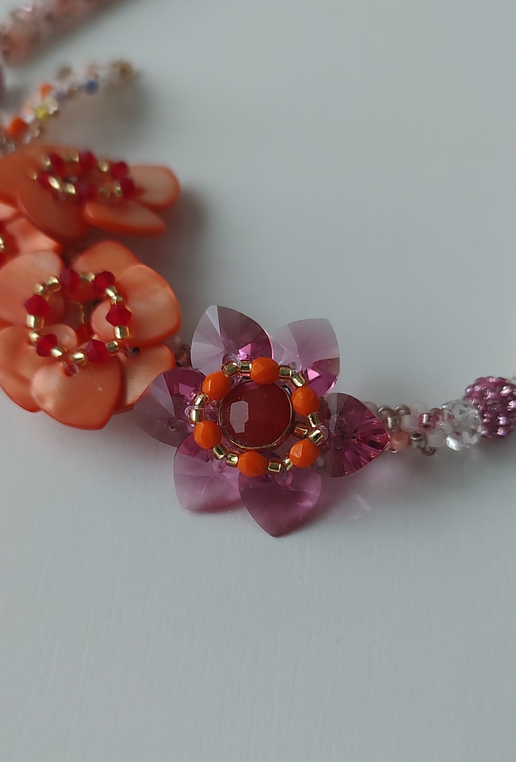 Orange Coral Flower Necklace, Pink Crystal Statement, Mother Of Pearl Jewelry, photo 4