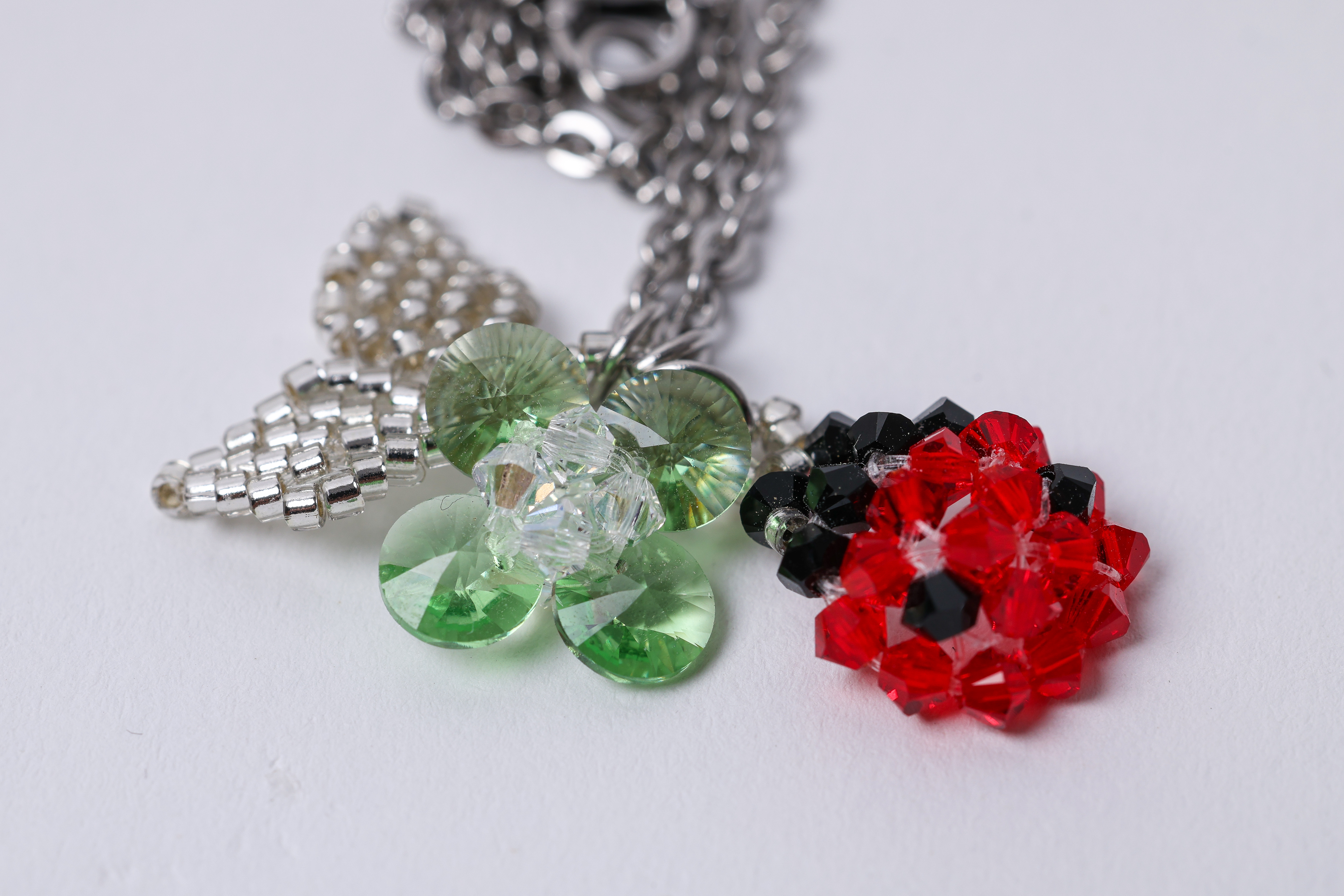 Ladybug Clover Necklace, Red Green Crystal Pendant, Lucky Charm Jewelry, photo 5