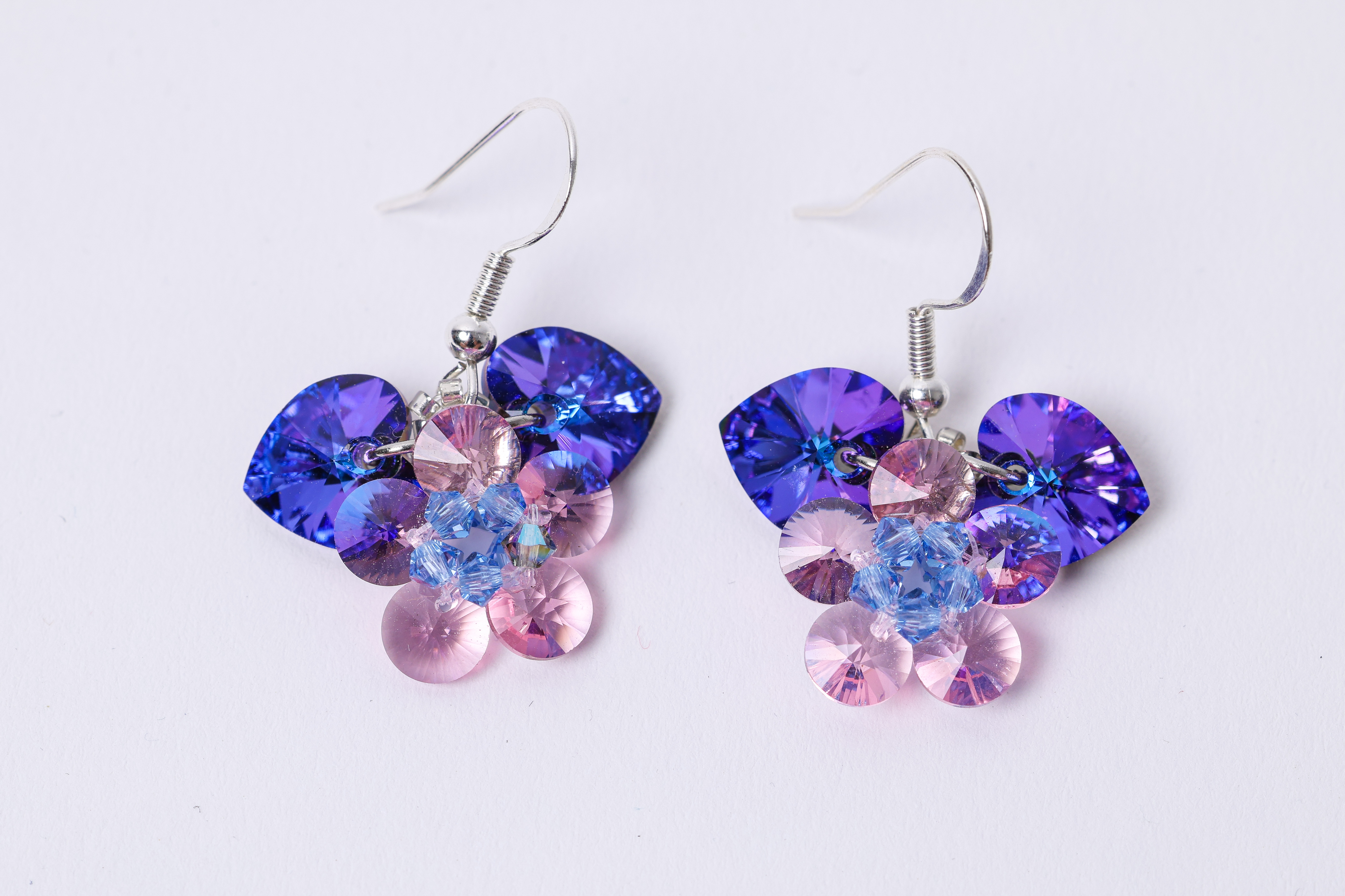 Purple Pink Blue Crystal Earrings, Heart Dangle, Colorful Statement Earrings, photo 6