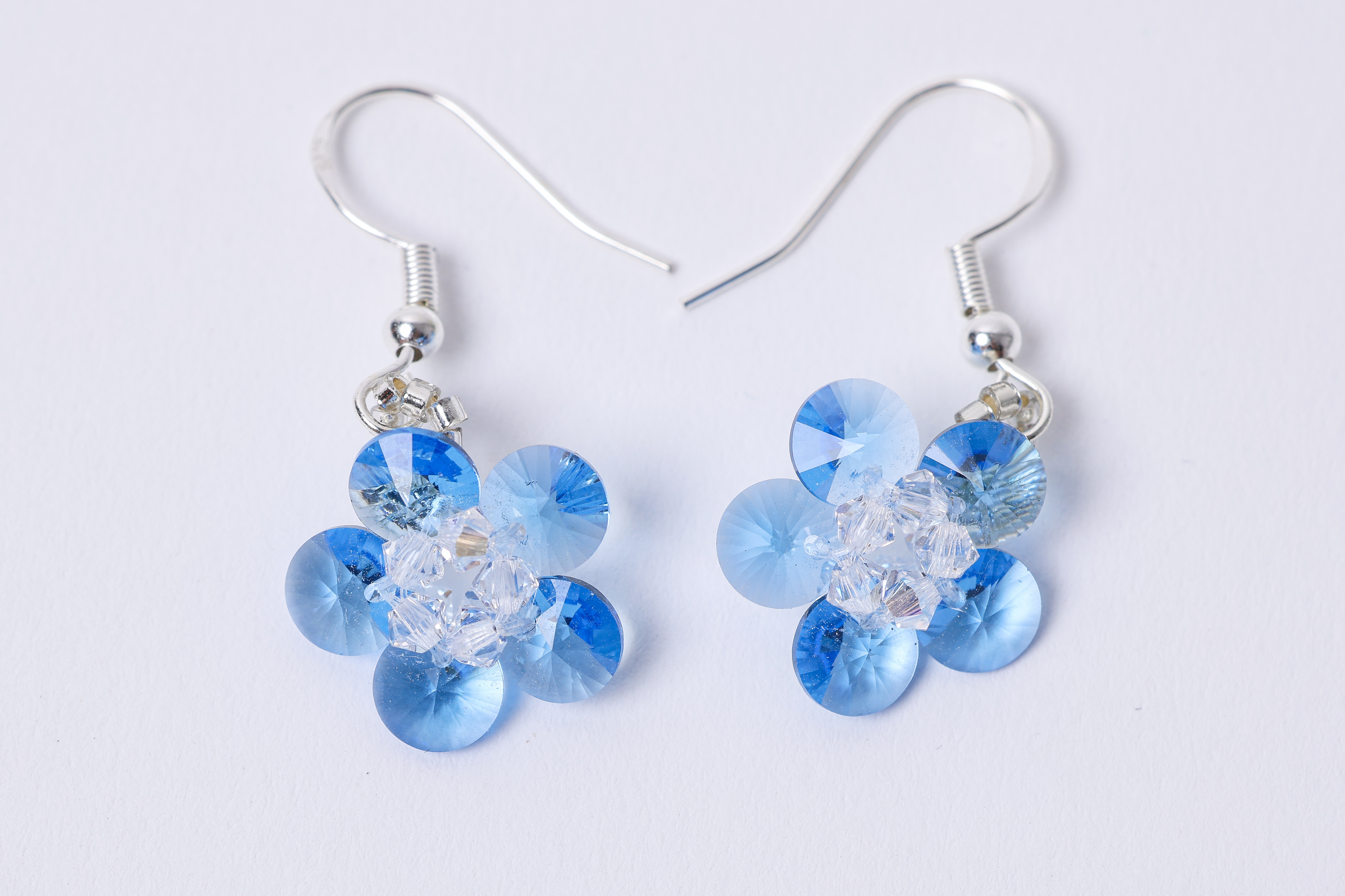 Blue Crystal Flower Earrings, Clear Center Dangle, Delicate Statement Earrings, photo 5