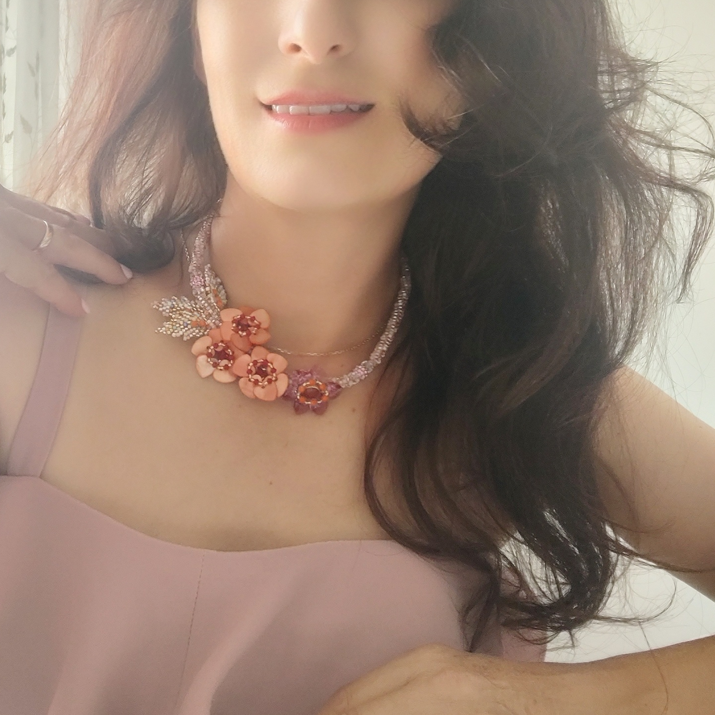Orange Coral Flower Necklace, Pink Crystal Statement, Mother Of Pearl Jewelry, photo 6