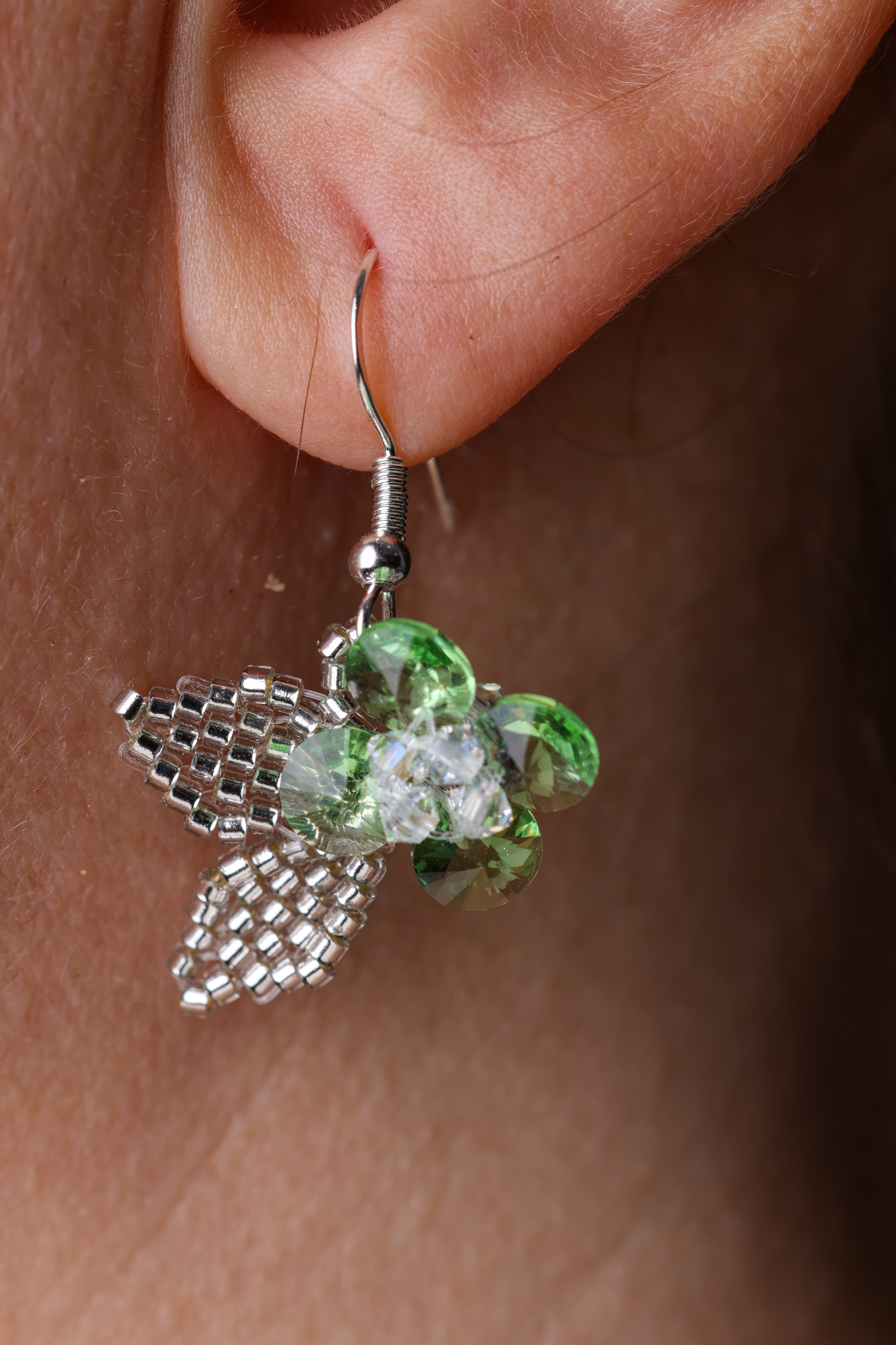 Mismatched Flower Earrings, Green Red Crystal Dangle, Unique Statement Earrings, photo 6