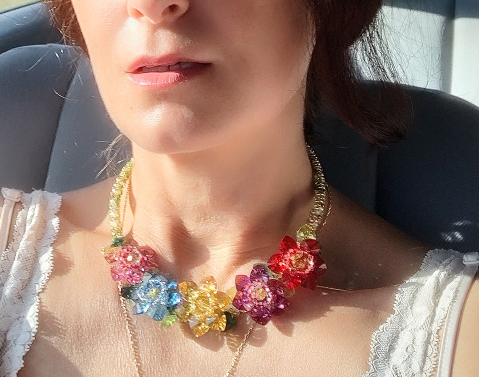 Colorful Crystal Flower Necklace, Handmade Floral Statement Jewelry, Multicolor Beaded Necklace, Romantic Gift for Her, photo 2