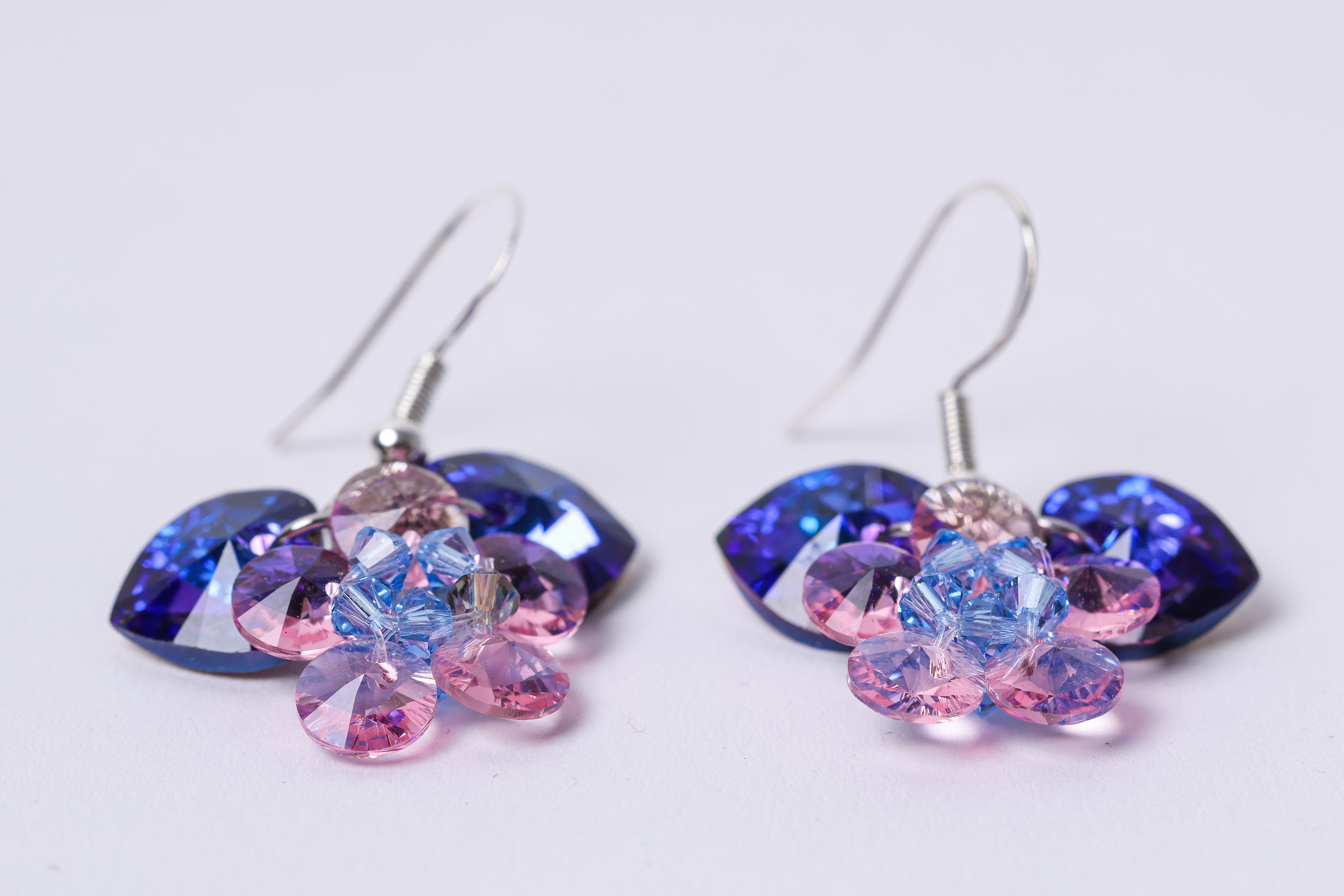 Purple Pink Blue Crystal Earrings, Heart Dangle, Colorful Statement Earrings, photo 5
