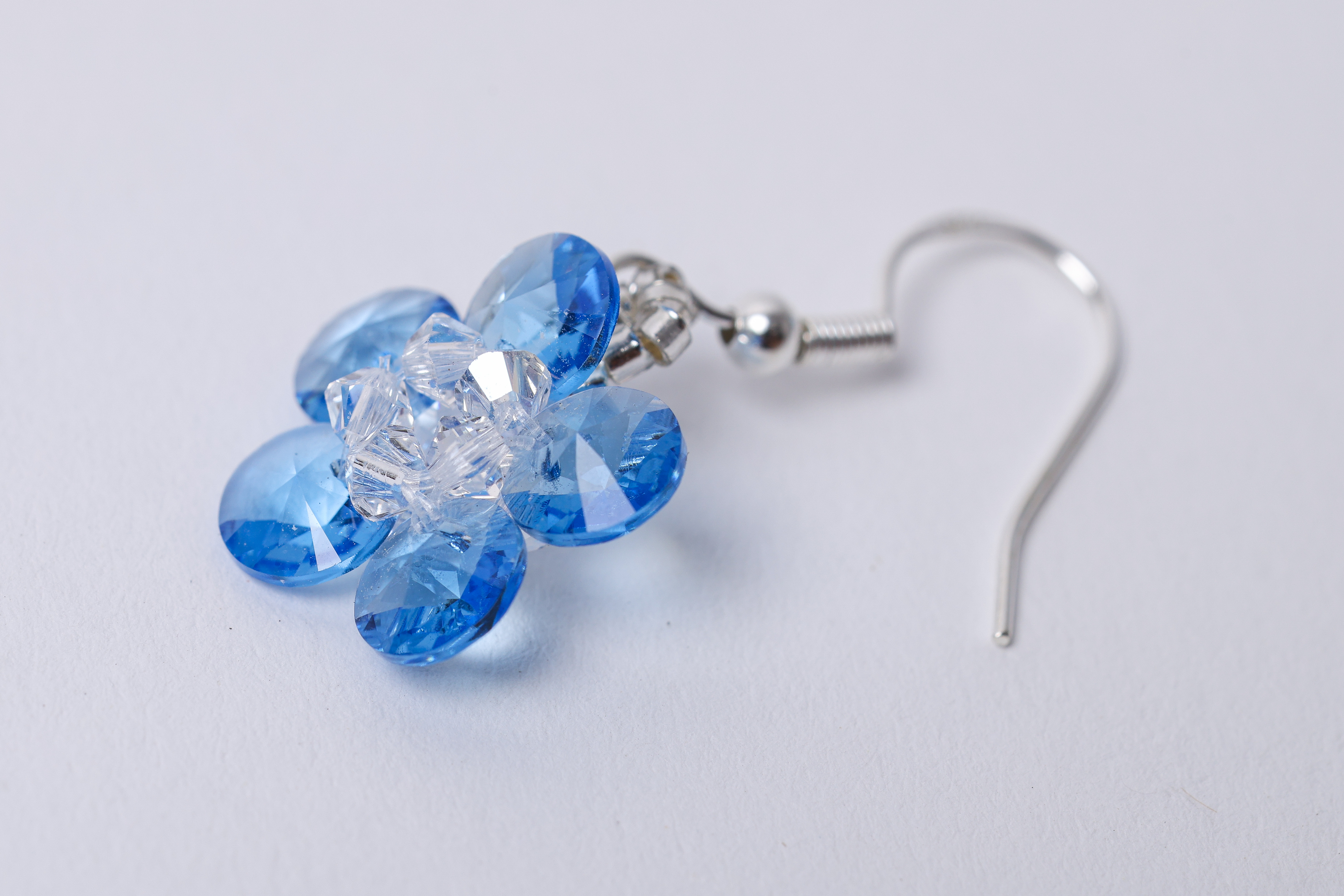 Blue Crystal Flower Earrings, Clear Center Dangle, Delicate Statement Earrings, photo 3