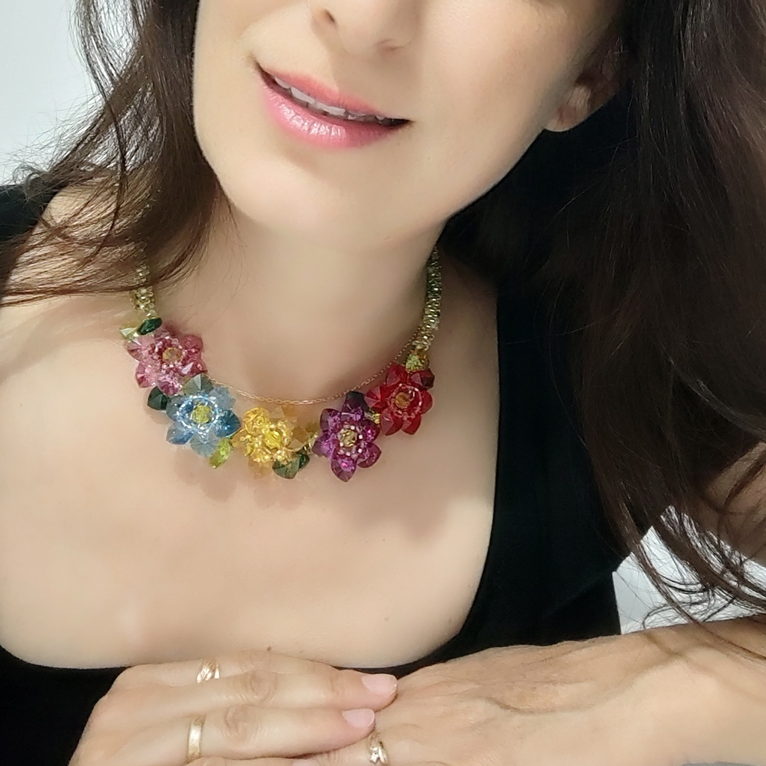 Colorful Crystal Flower Necklace, Handmade Floral Statement Jewelry, Multicolor Beaded Necklace, Romantic Gift for Her