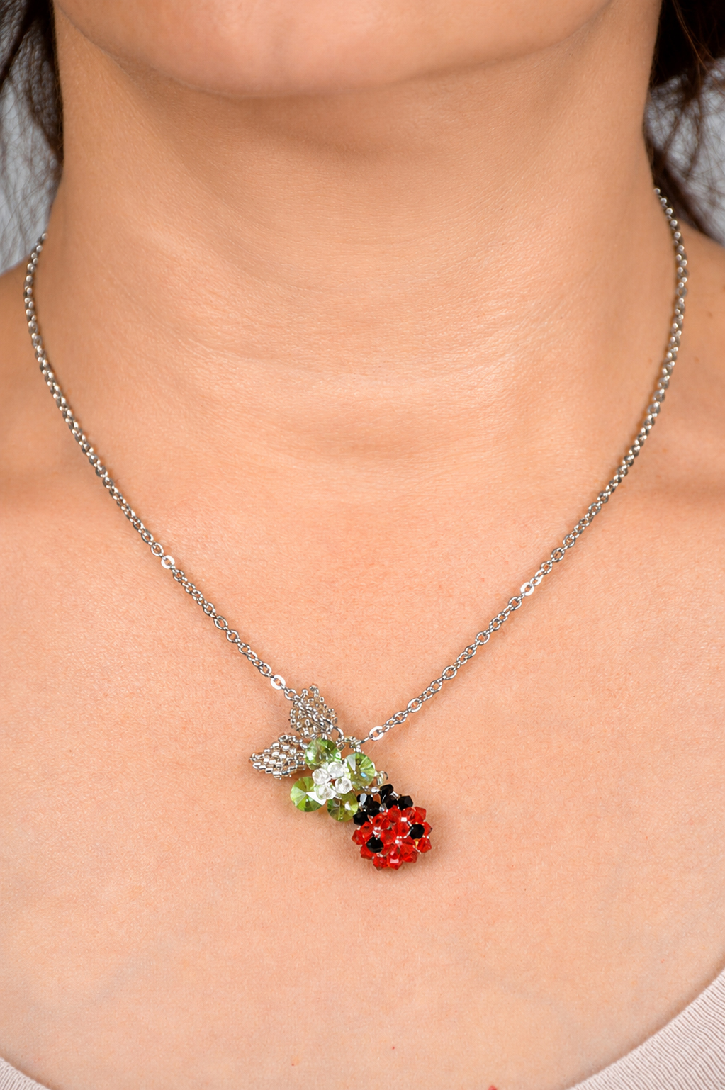 Ladybug Clover Necklace, Red Green Crystal Pendant, Lucky Charm Jewelry