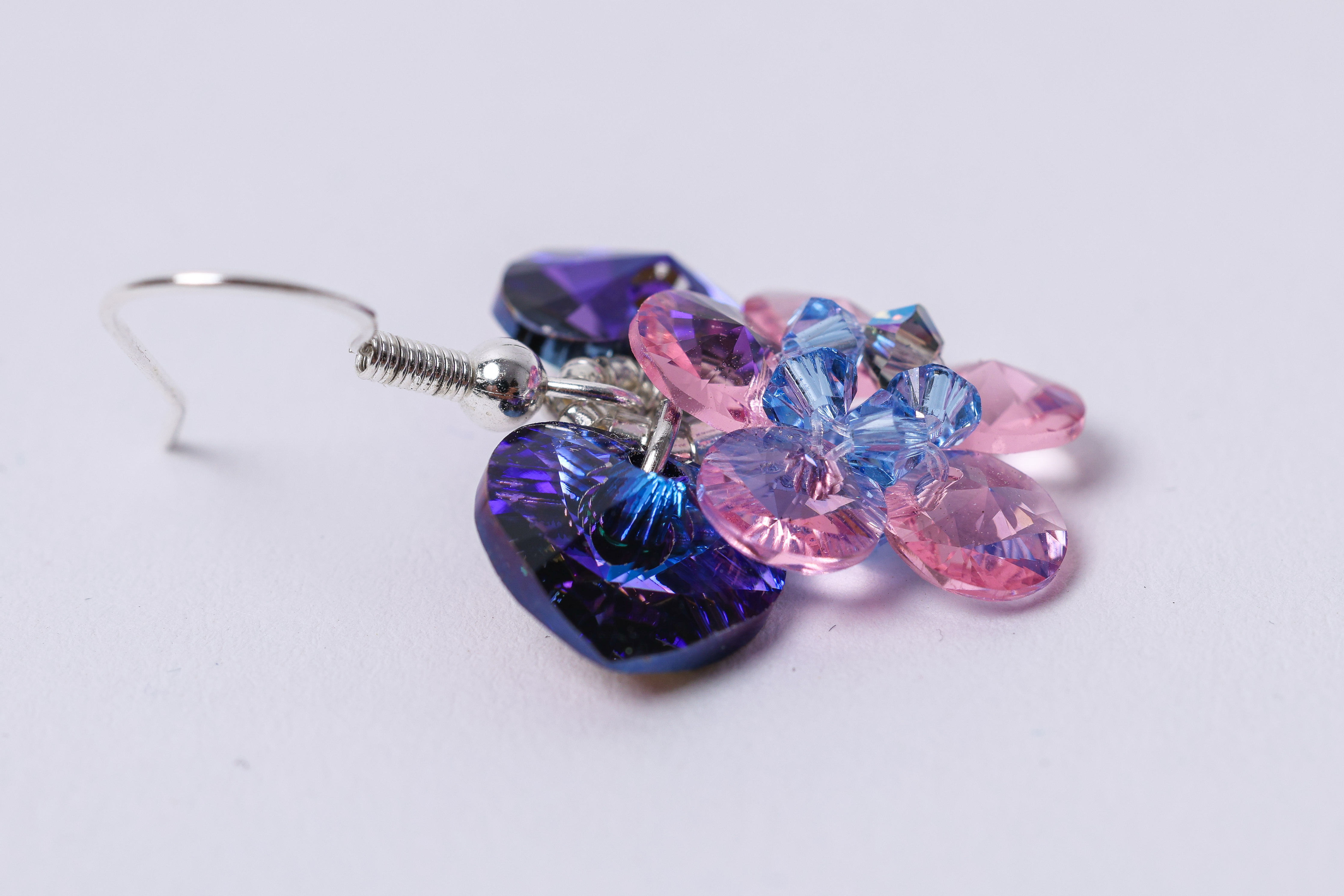 Purple Pink Blue Crystal Earrings, Heart Dangle, Colorful Statement Earrings, photo 4