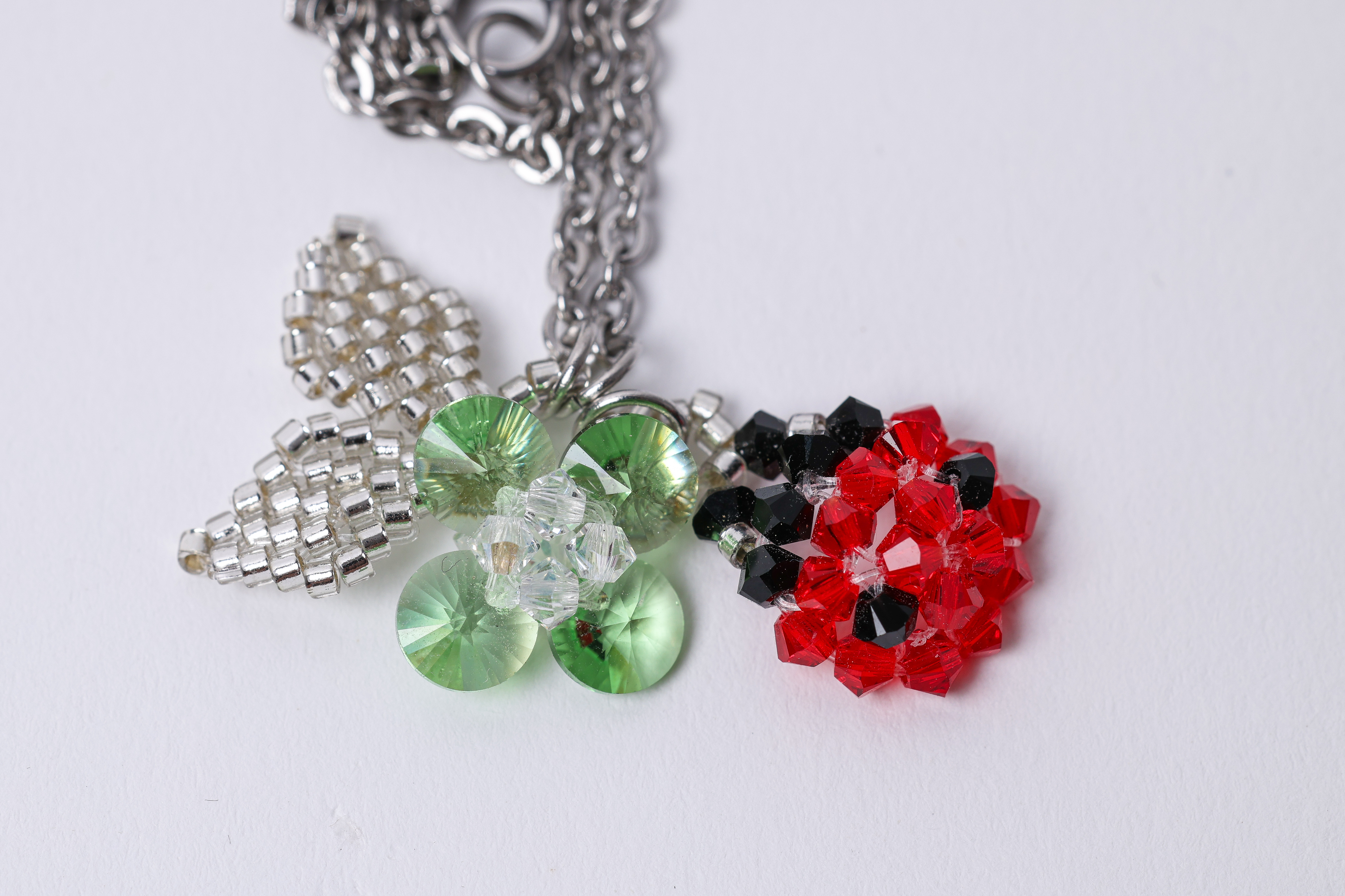 Ladybug Clover Necklace, Red Green Crystal Pendant, Lucky Charm Jewelry, photo 6