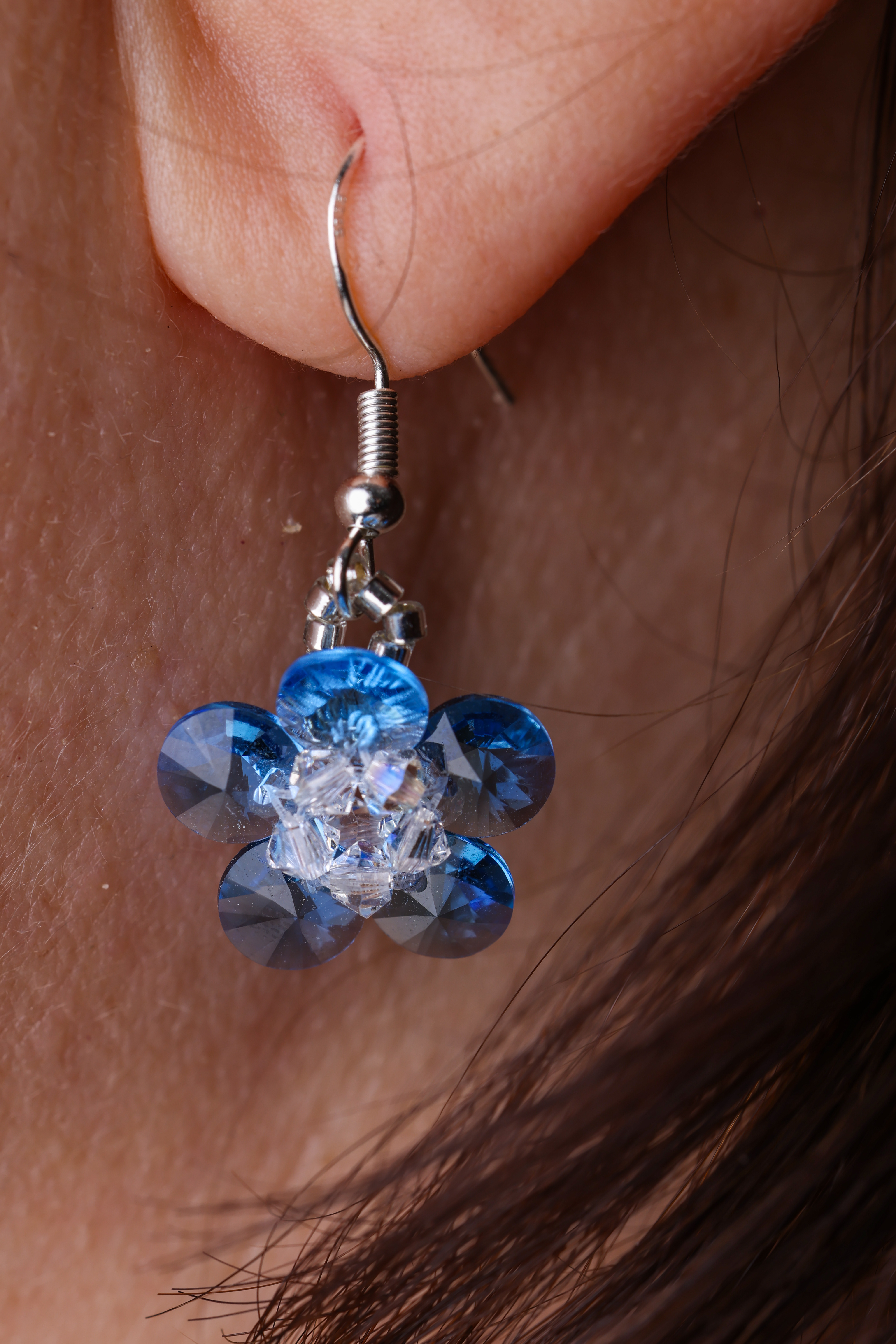 Blue Crystal Flower Earrings, Clear Center Dangle, Delicate Statement Earrings