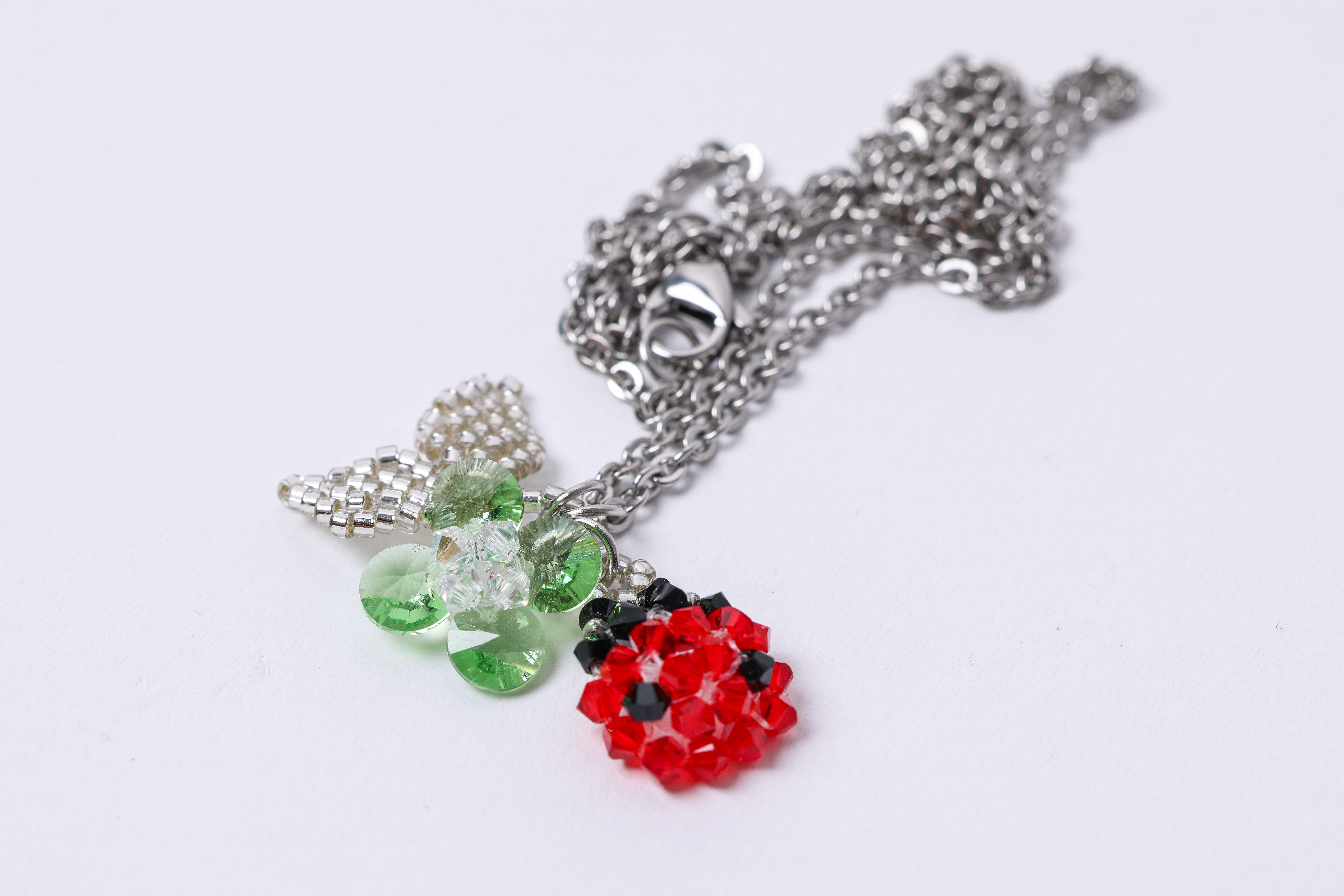 Ladybug Clover Necklace, Red Green Crystal Pendant, Lucky Charm Jewelry, photo 4