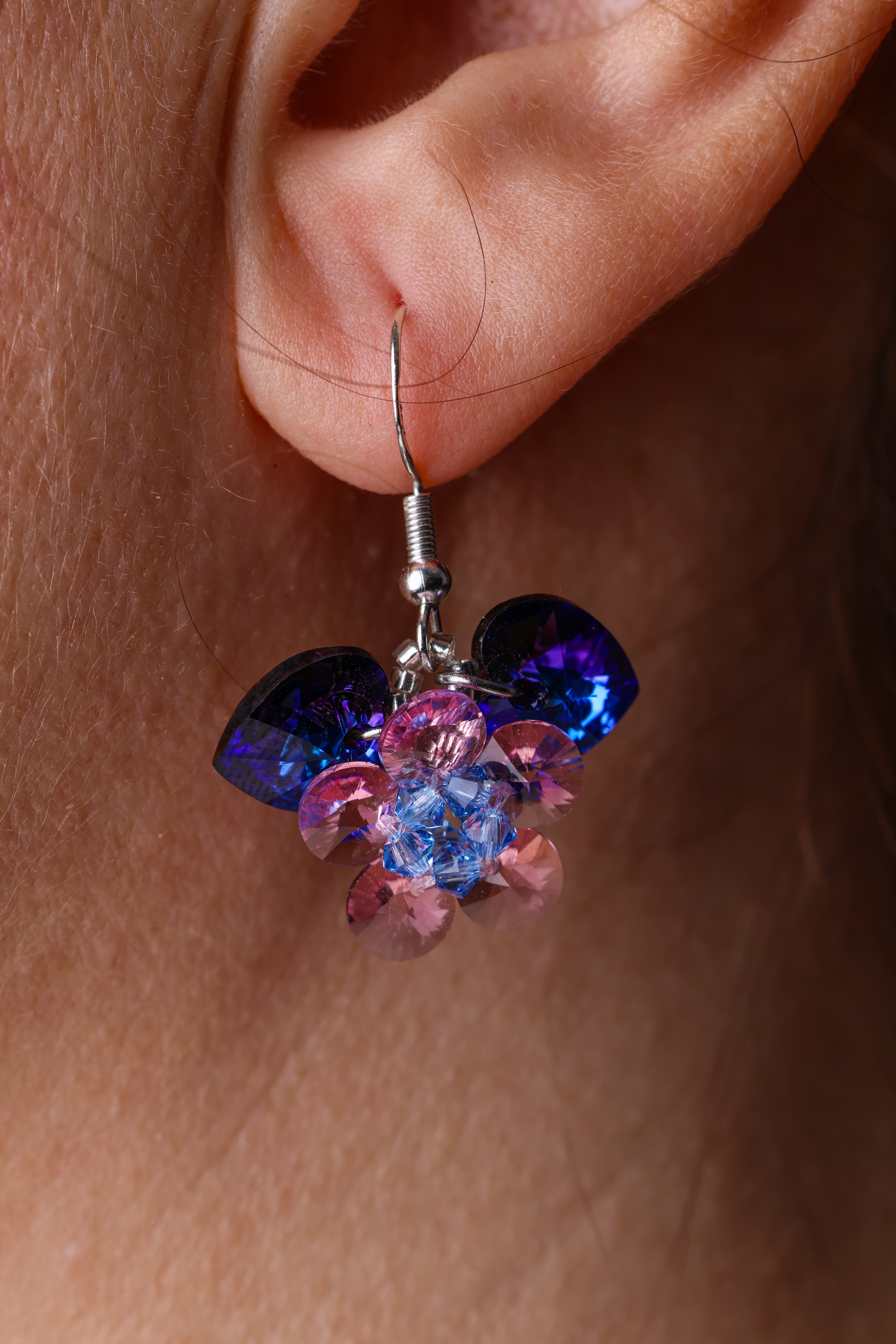 Purple Pink Blue Crystal Earrings, Heart Dangle, Colorful Statement Earrings, photo 2