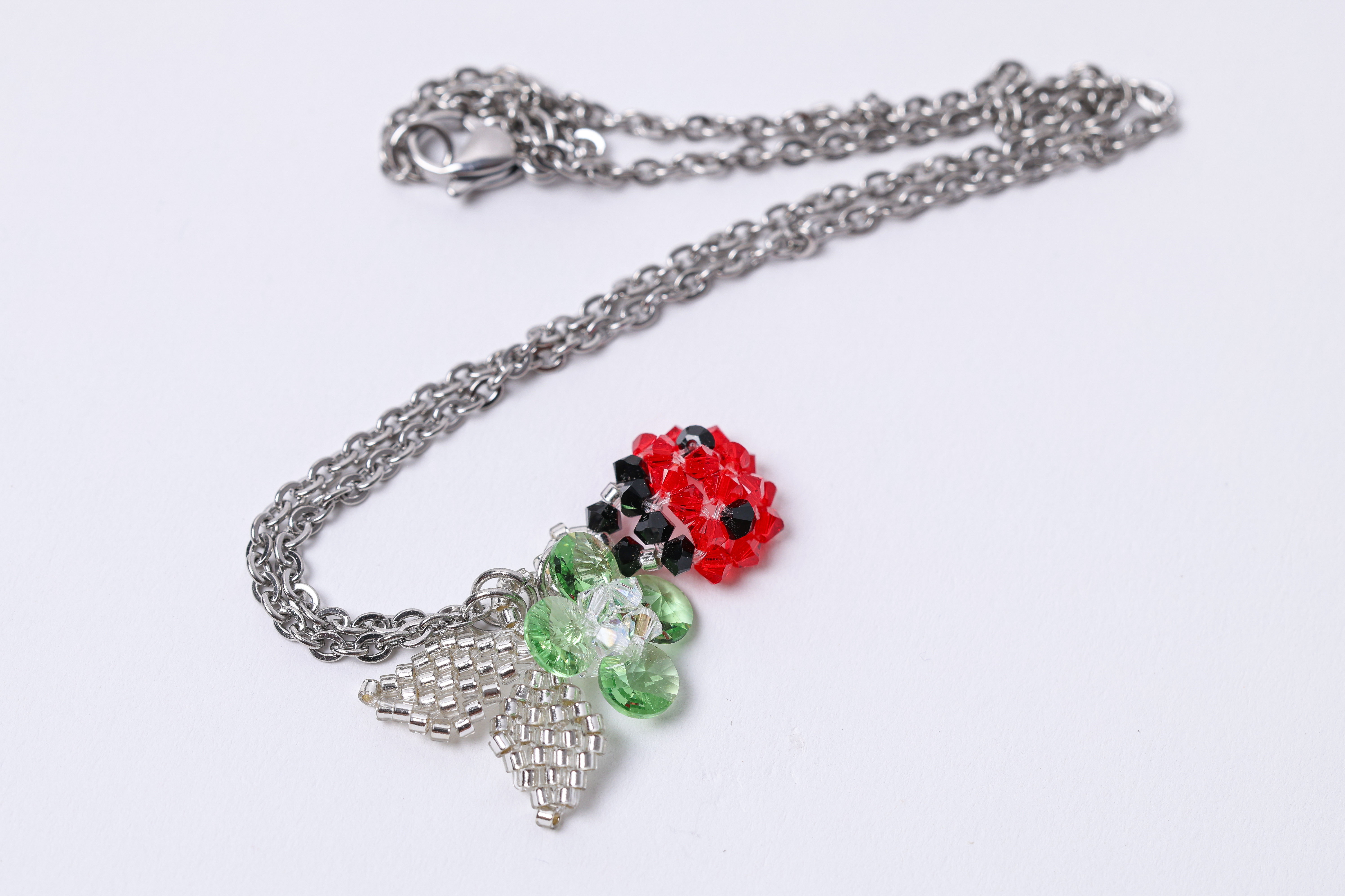 Ladybug Clover Necklace, Red Green Crystal Pendant, Lucky Charm Jewelry, photo 2