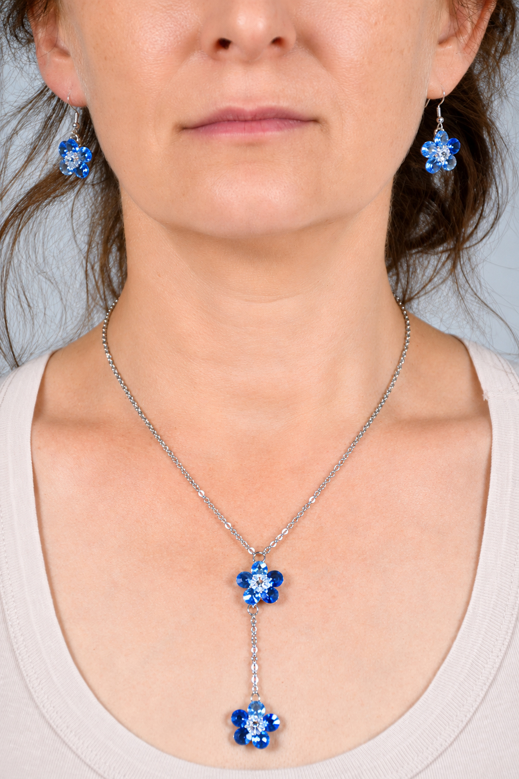 Blue Crystal Flower Necklace Set, Matching Earrings, Lariat Y Necklace, photo 2