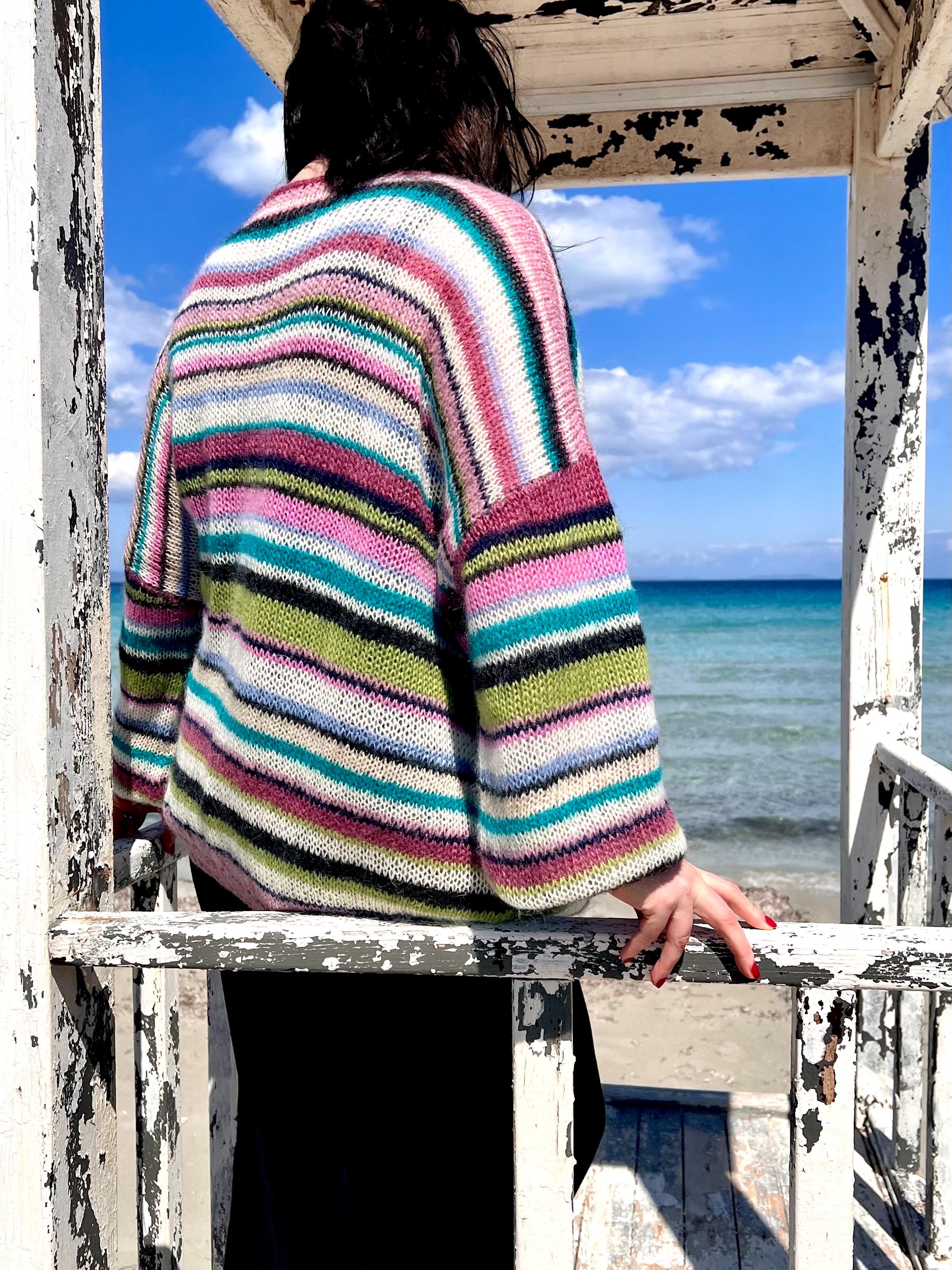 Oversized Chunky Mohair Sweater, Colorful Striped Puff Sleeve Jumper, Hand Knit Pullover, photo 2