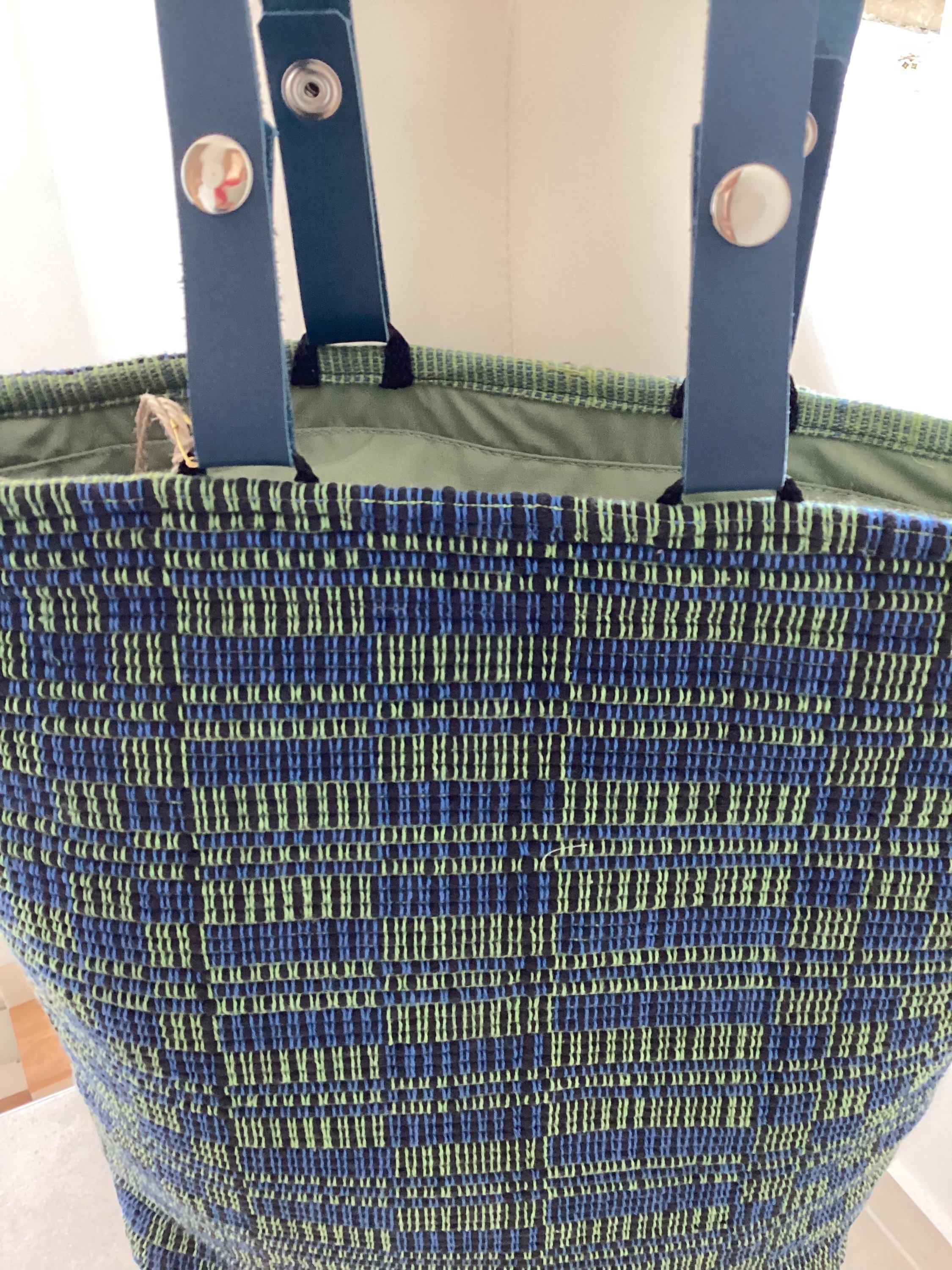 Handwoven Cotton Tote Bag: Blue Green Checkered Shopper with Leather Handles, Personalized Tote, photo 4