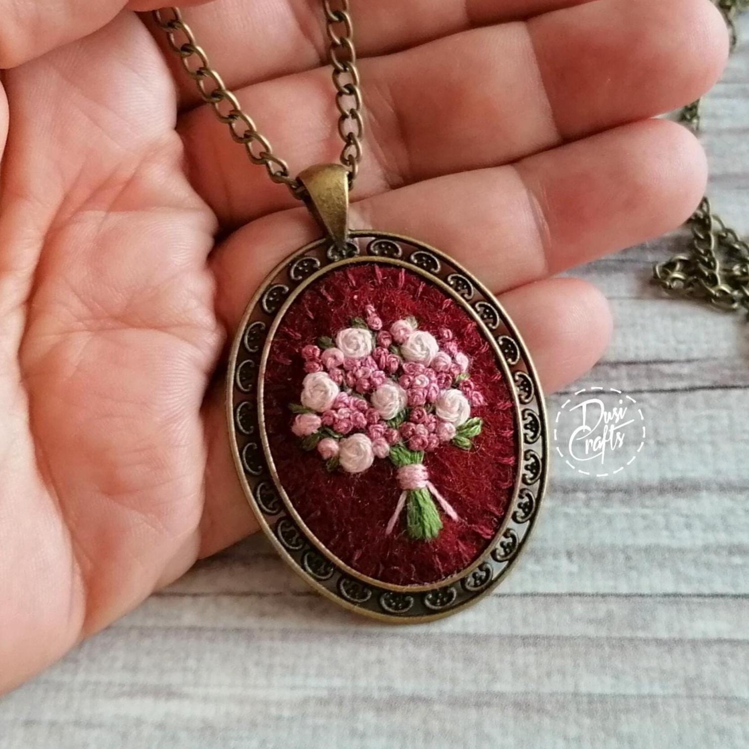 Burgundy Red and Pink Embroidery Necklace, Hand Embroidered Necklace, Pink and White Floral Bouquet Pendant
