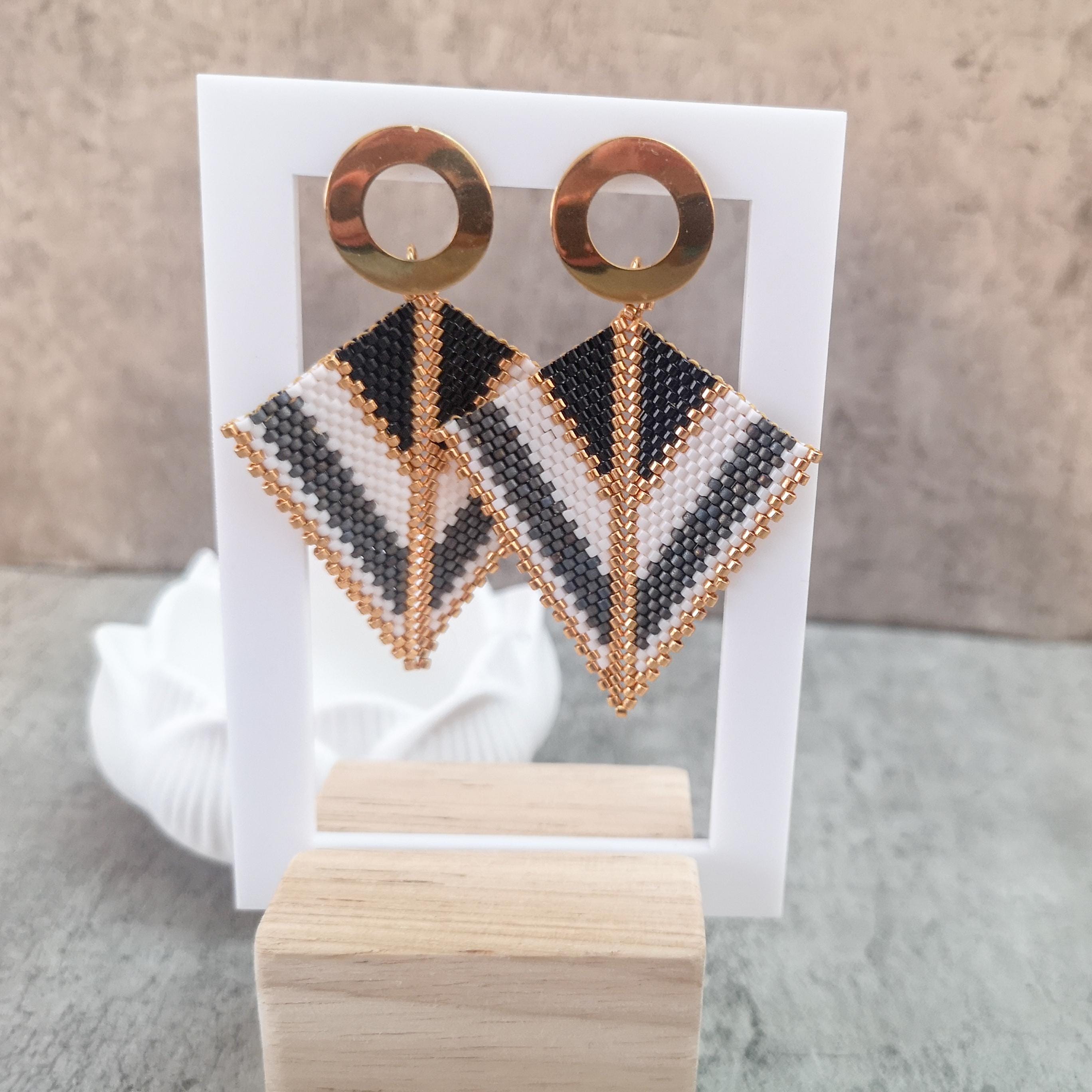 Geometric beaded earrings, triangular black, white, gray and gold earrings, photo 4