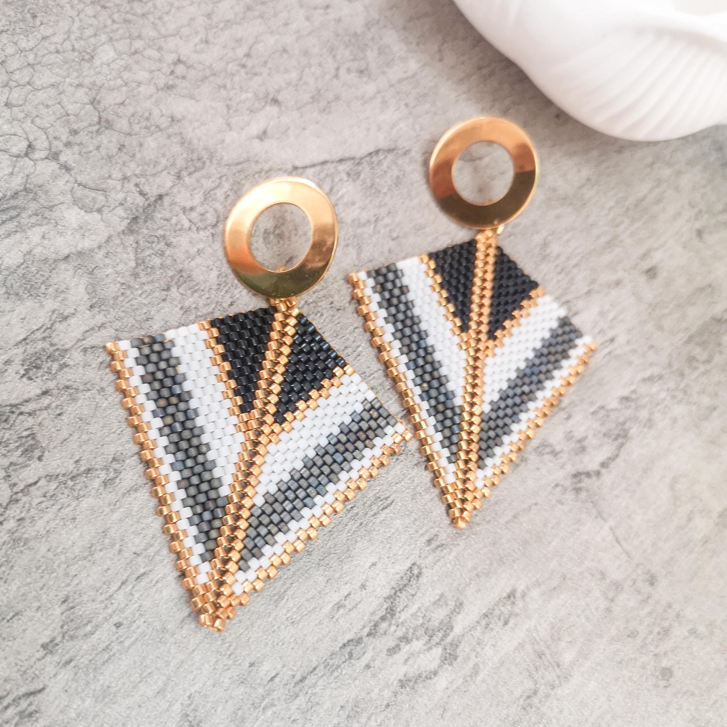 Geometric beaded earrings, triangular black, white, gray and gold earrings, photo 3