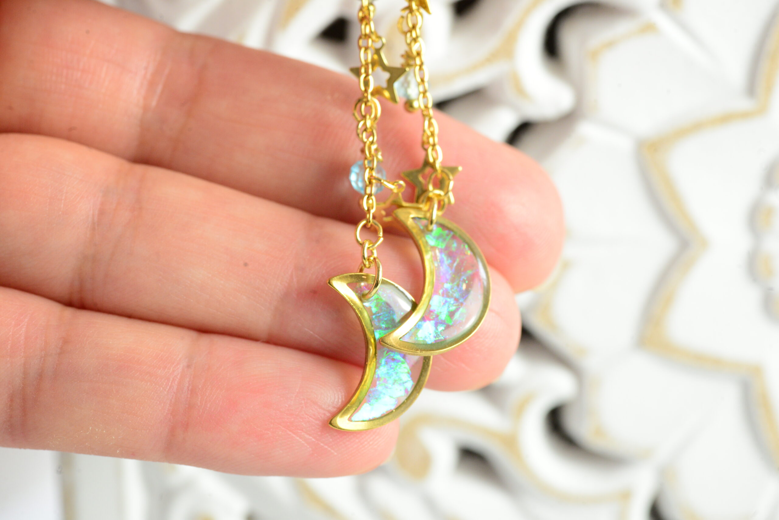 Crescent Moon Earrings With Iridescen Shards And Blue Topaz Bead, photo 5