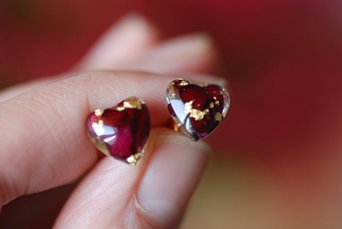 Red Rose Heart Earrings With Real Rose Petals 24K Gold Flakes And Sterling Silver Studs, photo 2