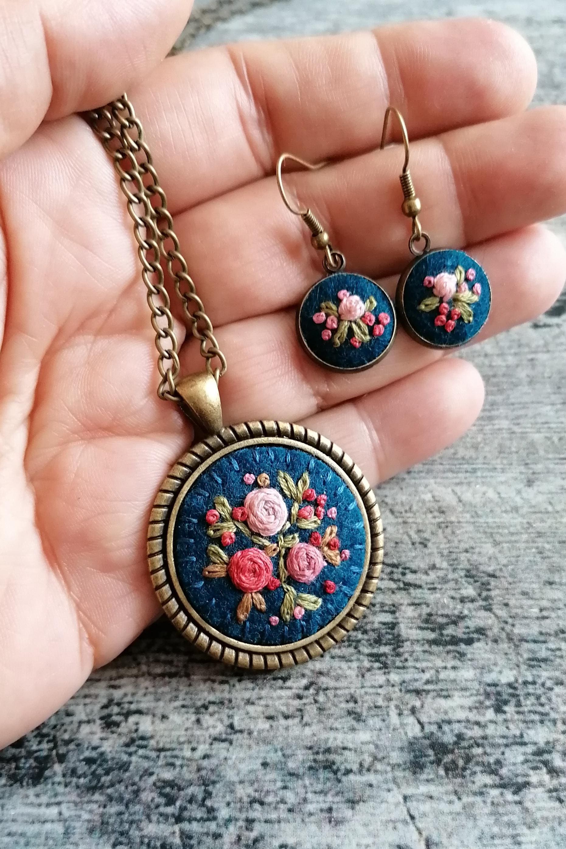 Hand Embroidered Necklace and Earrings, Pink Floral Rose Pendant, Dark Teal Blue Embroidery Necklace, photo 5