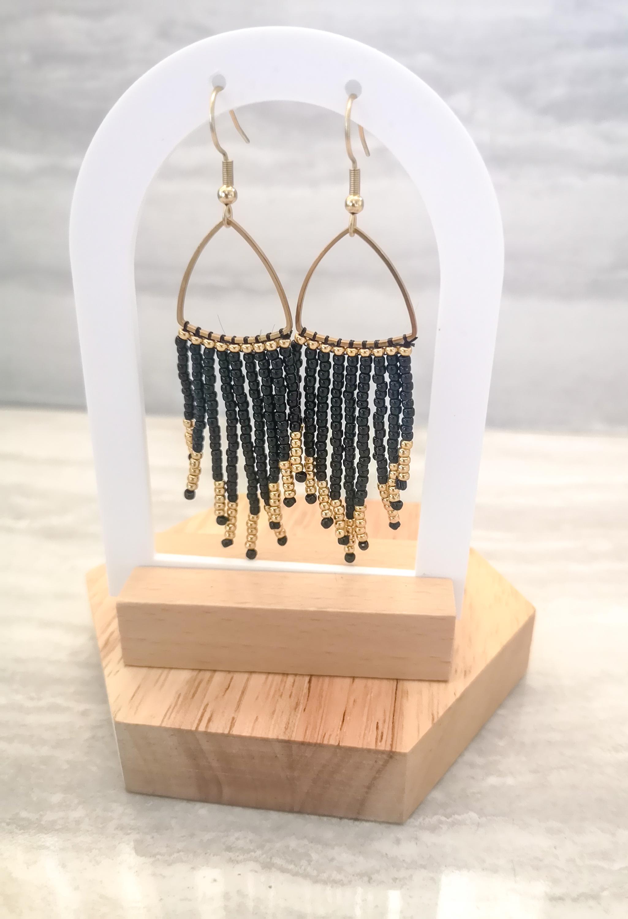 Black and gold fringe earrings, boho beaded earrings, photo 2
