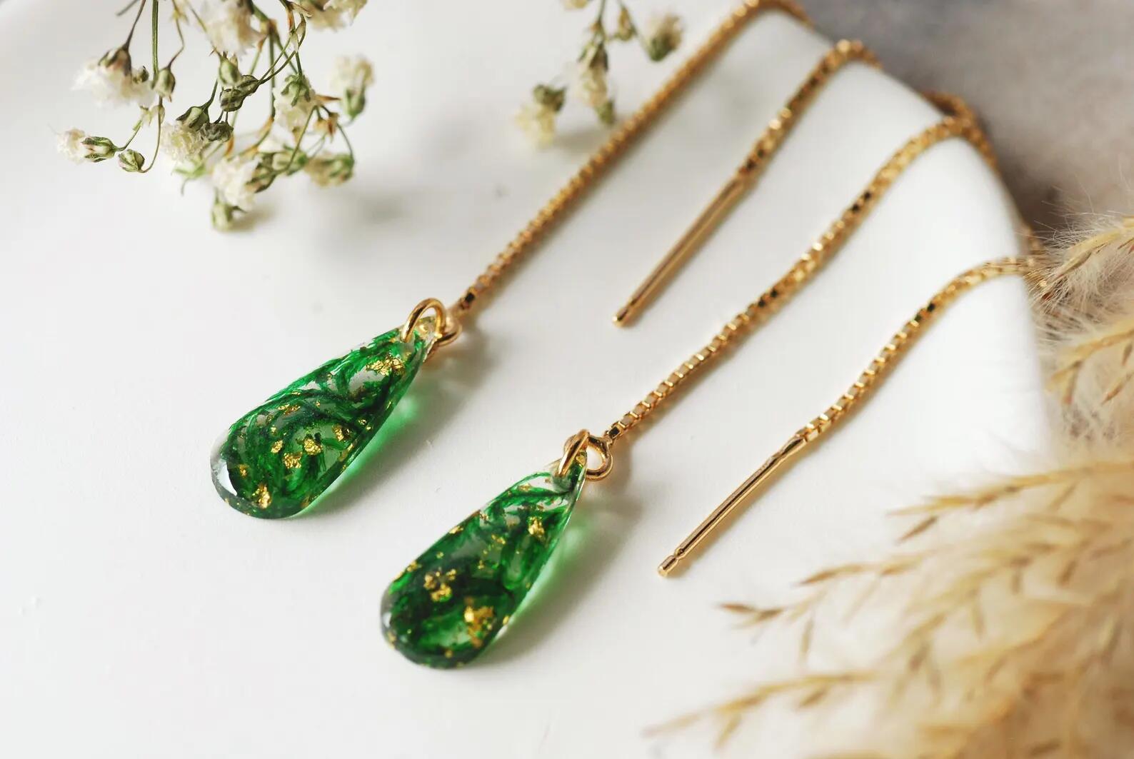 Botanical Resin Threader Earrings - Gold Teardrop Moss