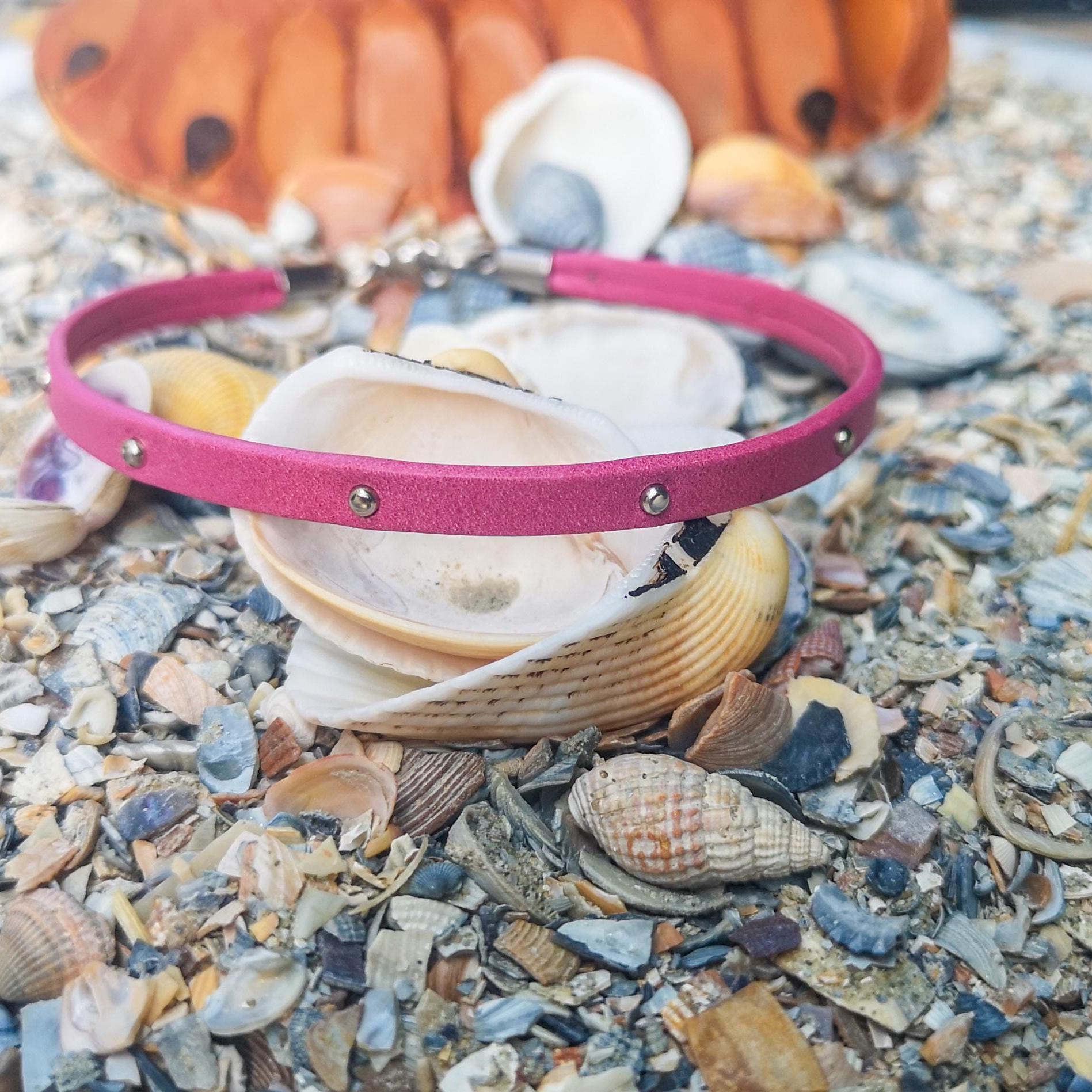 Minimalist genuine leather bracelet with rivets, pink wristband