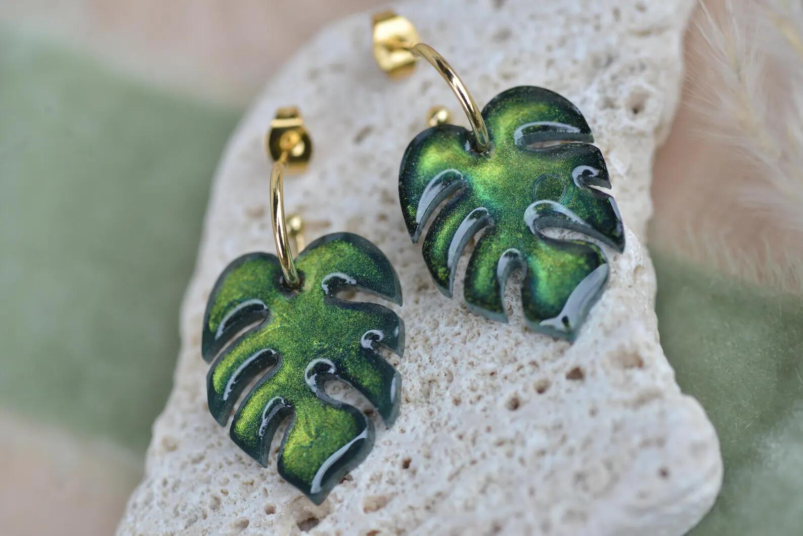 Botanical Resin Earrings - Monstera Leaf Gold Hoop Jewelry, photo 3
