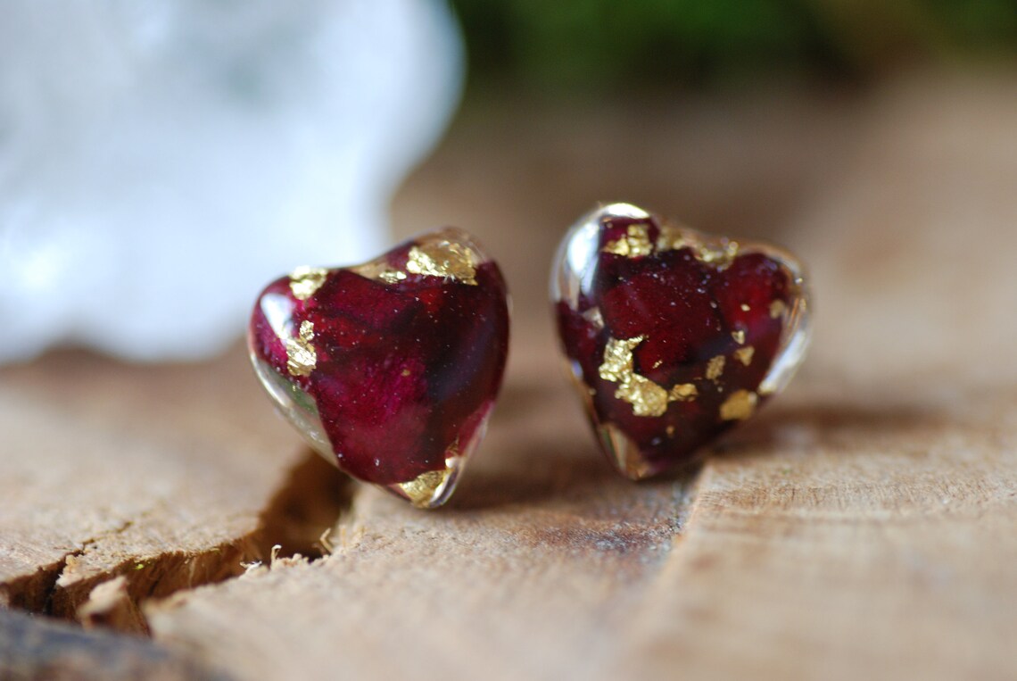 Red Rose Heart Earrings With Real Rose Petals 24K Gold Flakes And Sterling Silver Studs, photo 5