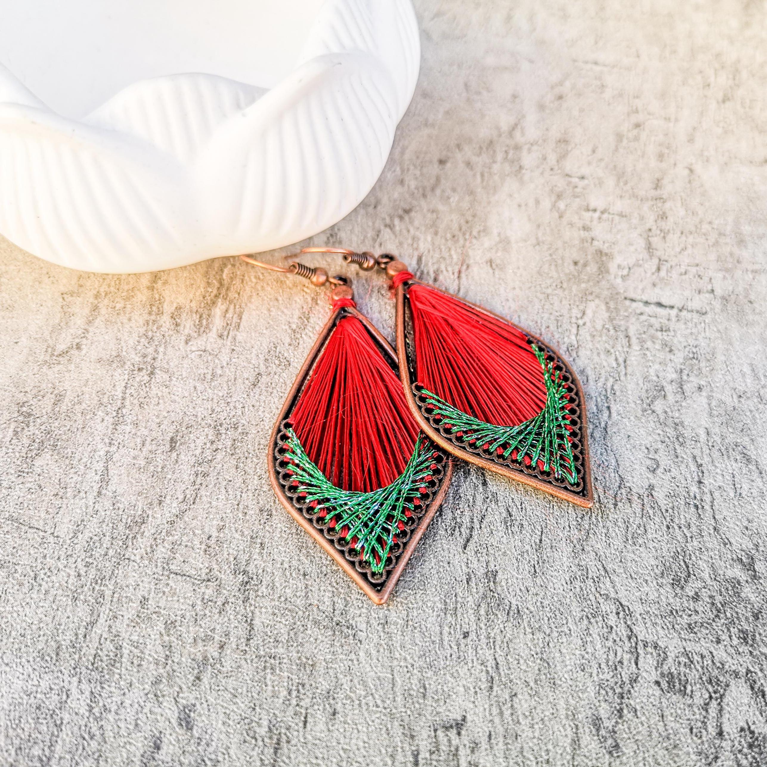 Peruvian thread teardrop earrings, Red and green dangle earrings