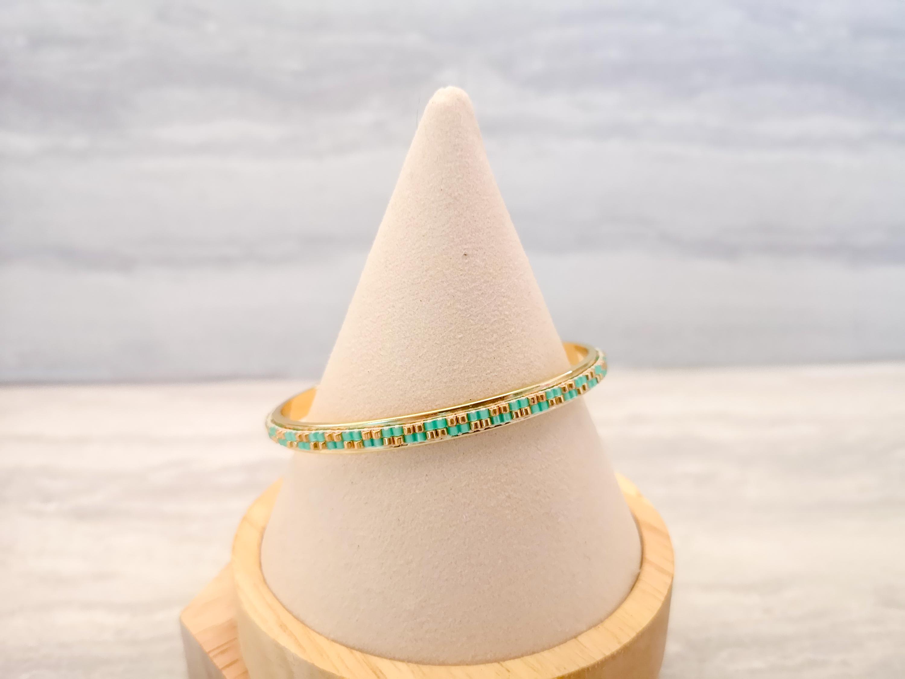 Gold Plated Cuff Bracelet: Turquoise Japanese Glass Beaded Bangle, photo 3