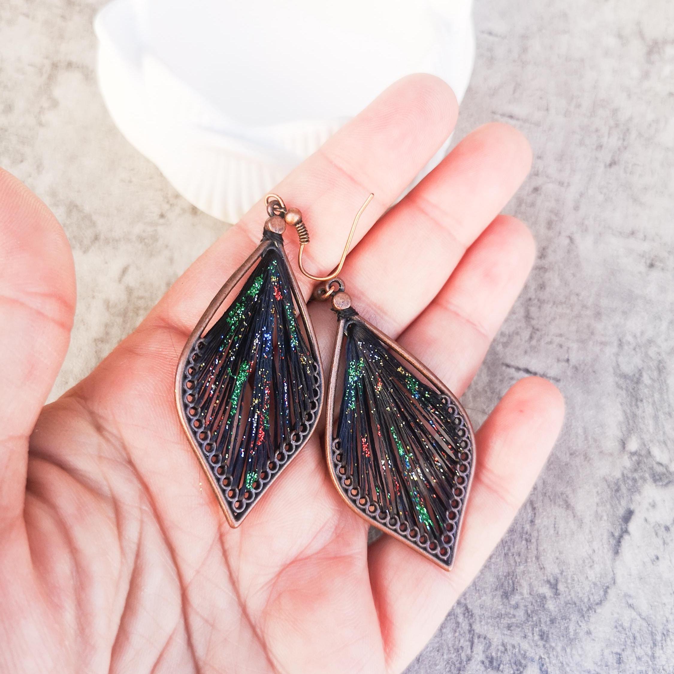 Peruvian thread teardrop earrings, Black with glitter dangle earrings, photo 4