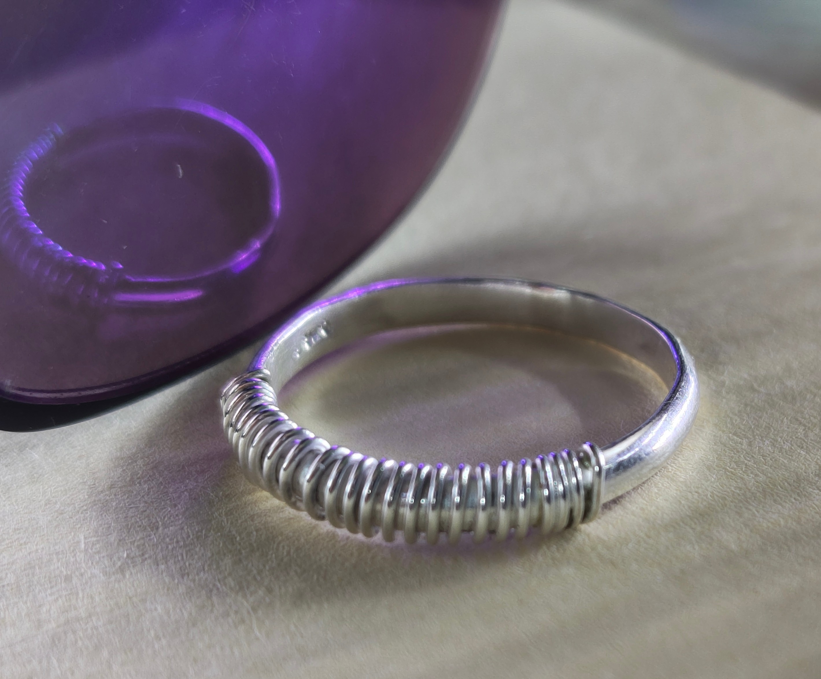 Sterling silver ring band, hand-wrapped in a coil of silver wire, photo 2
