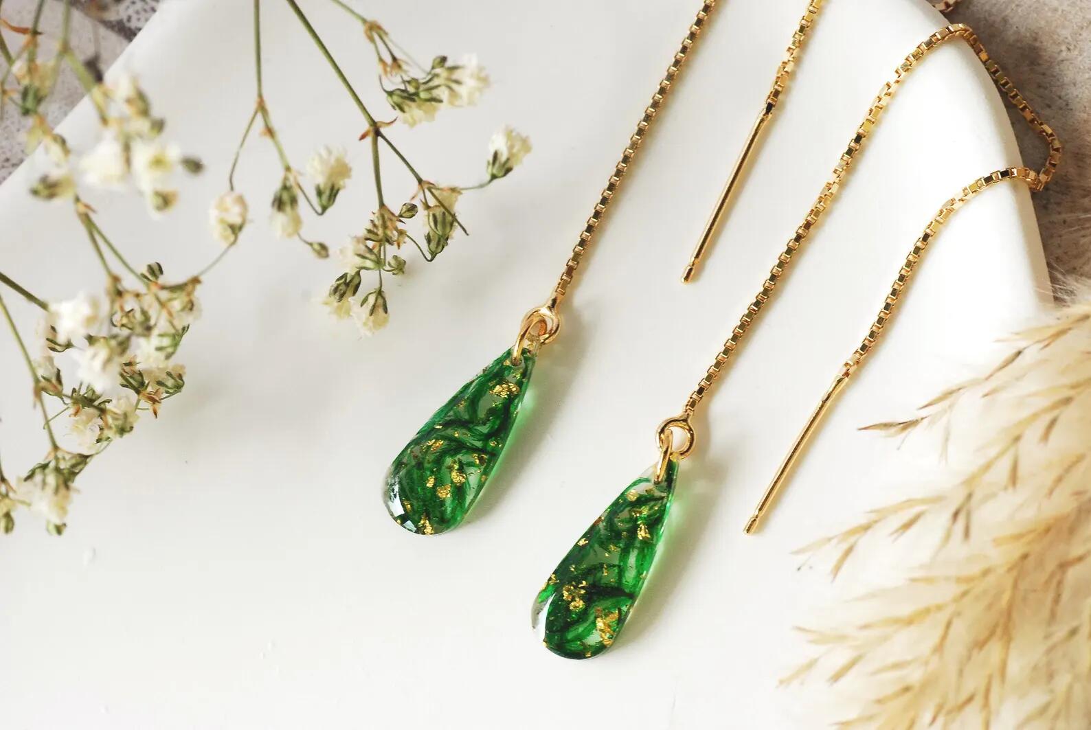 Botanical Resin Threader Earrings - Gold Teardrop Moss, photo 2