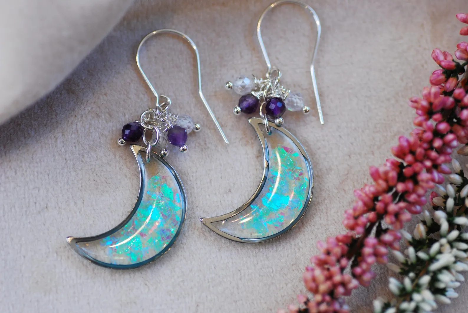 Celestial Moon Earrings - Amethyst And Zircon Crystal Silver Crescent Drops, photo 5
