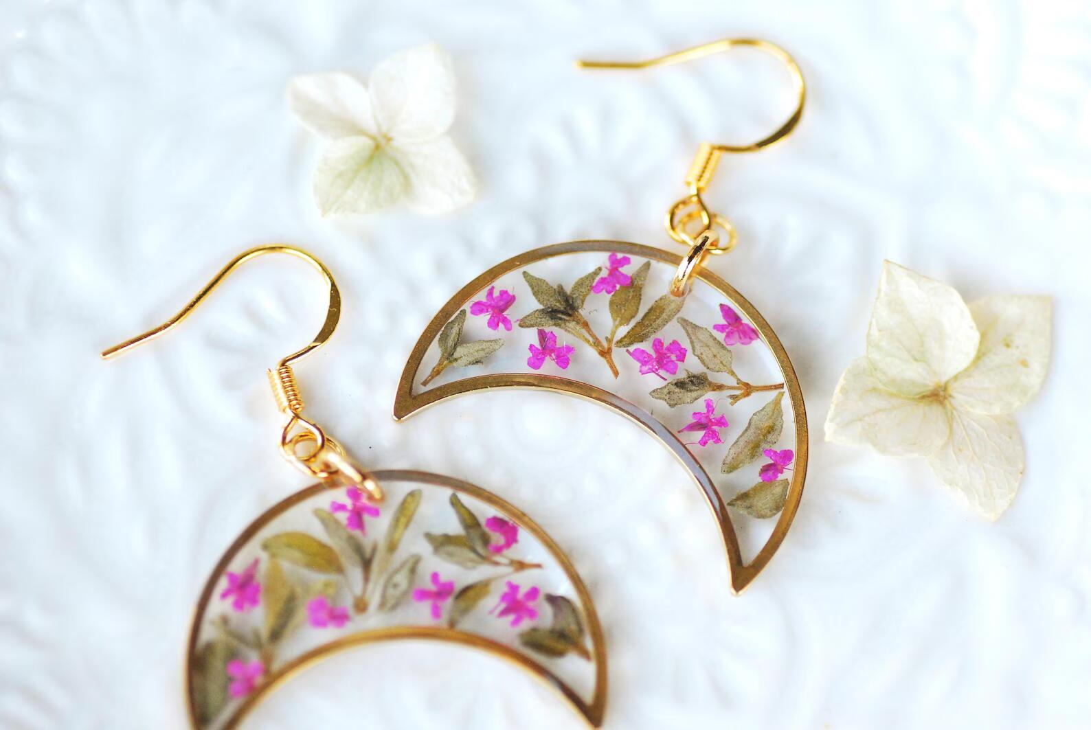 Real Dried Flower Crescent Moon Earrings with Pink Blossoms and Thyme Leaves