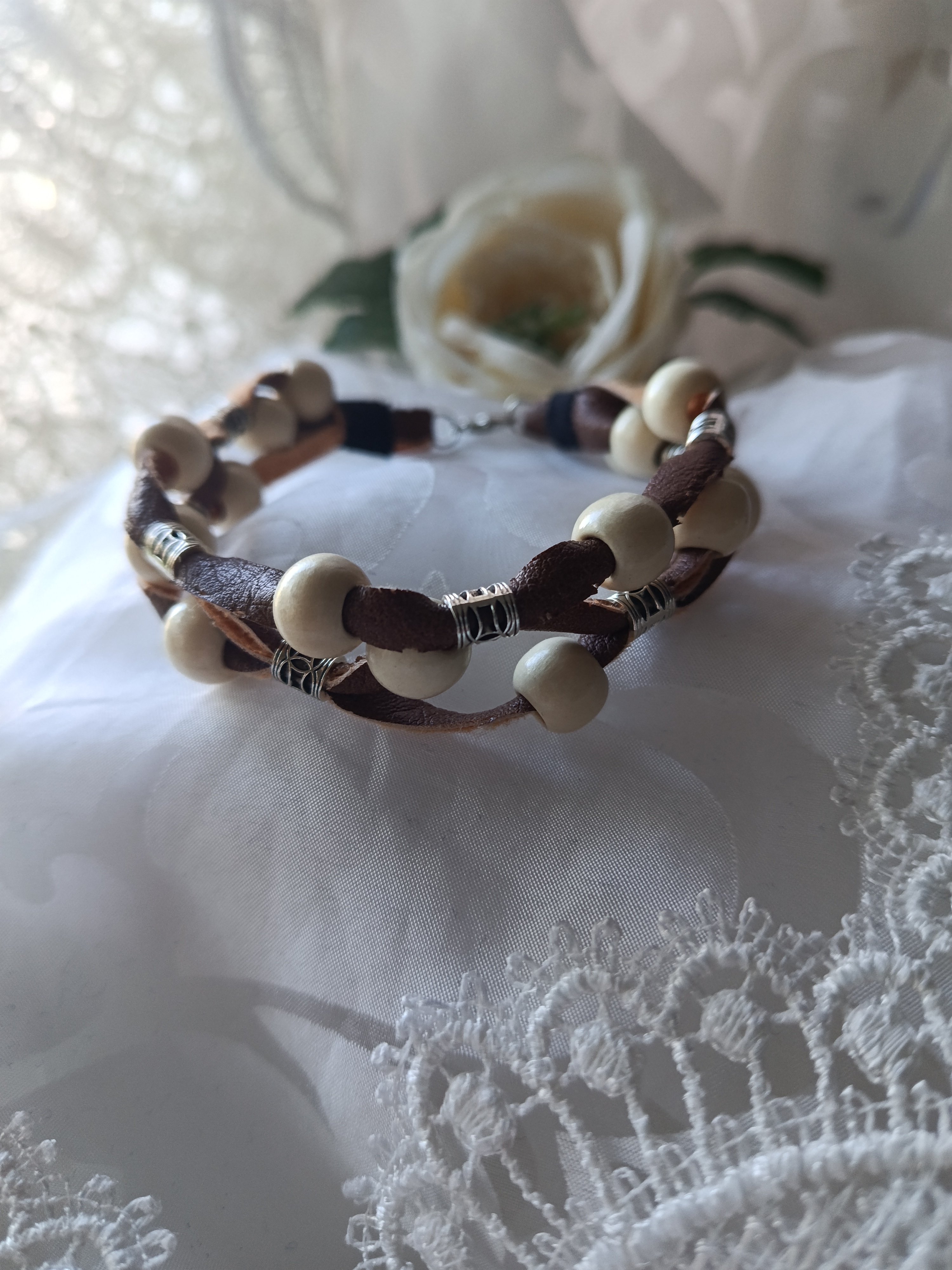 Handcrafted Men's Braided Brown Leather Bracelet with Wooden Beads & Metal Accents