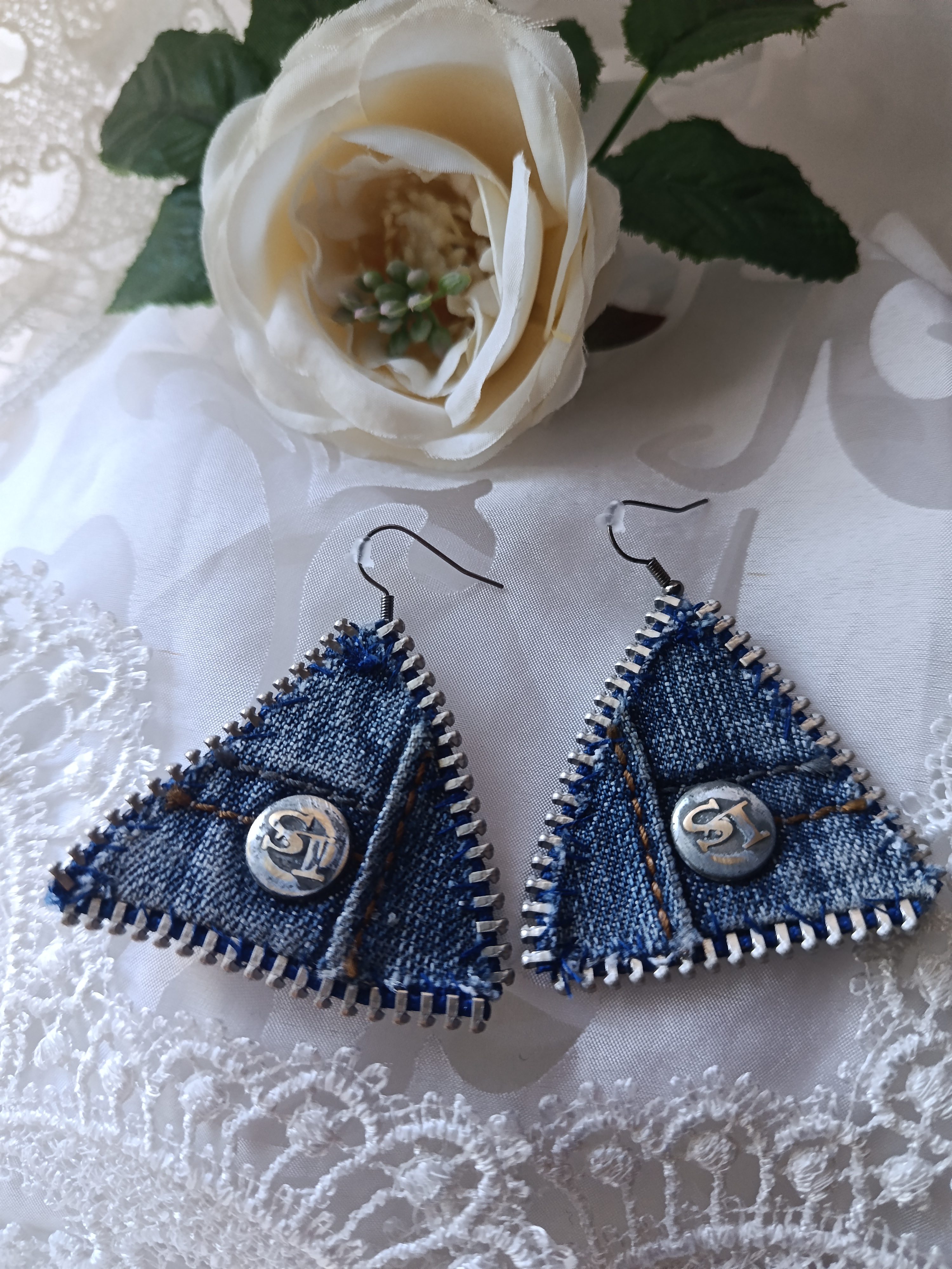 Handcrafted Upcycled Denim Triangle Earrings with Zipper Edge & Metal Button