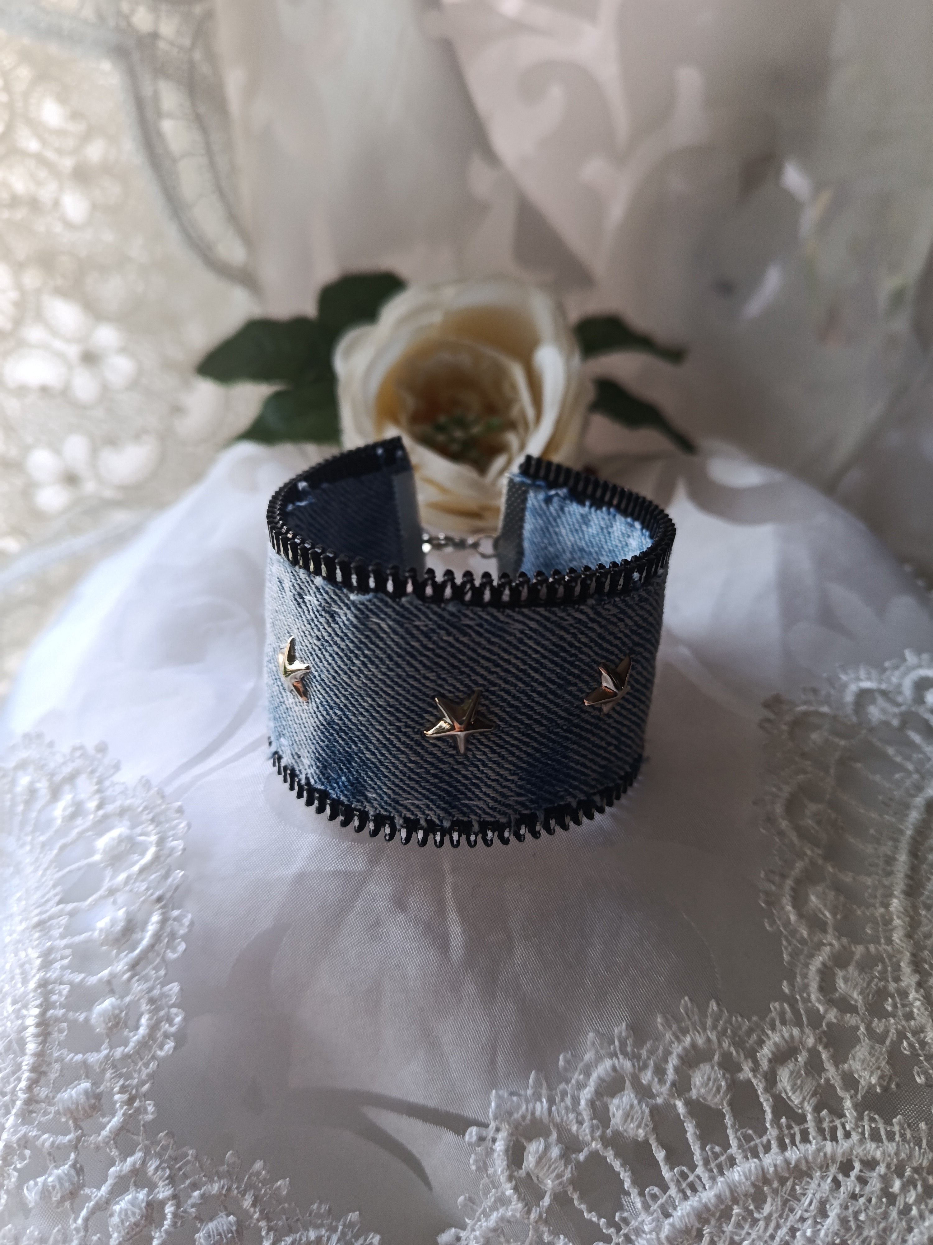 Handcrafted Upcycled Denim Cuff Bracelet with Zipper Teeth Trim & Metal Star Studs