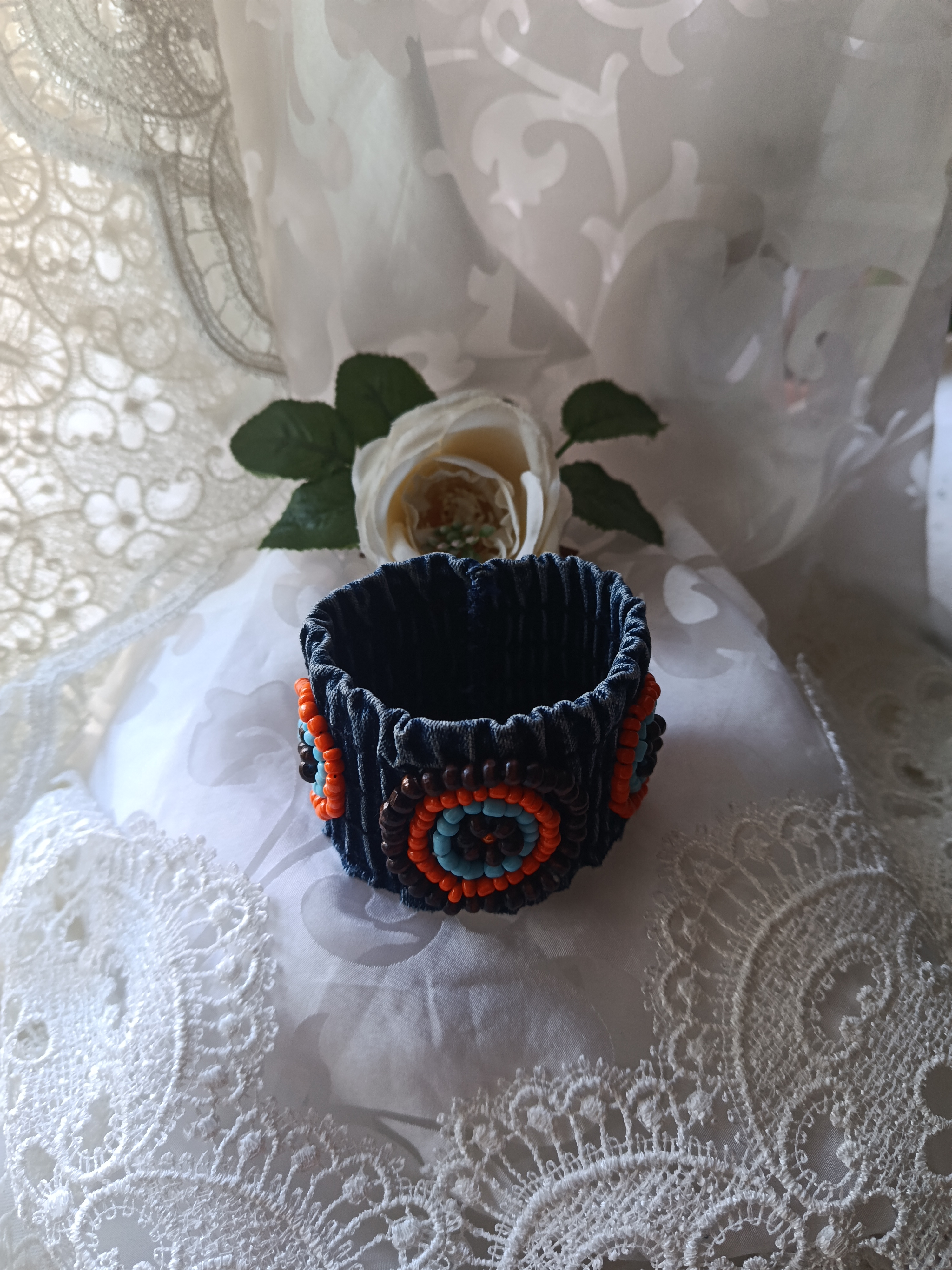 Handcrafted Upcycled Denim Cuff Bracelet with Tribal Beaded Rosettes, photo 2