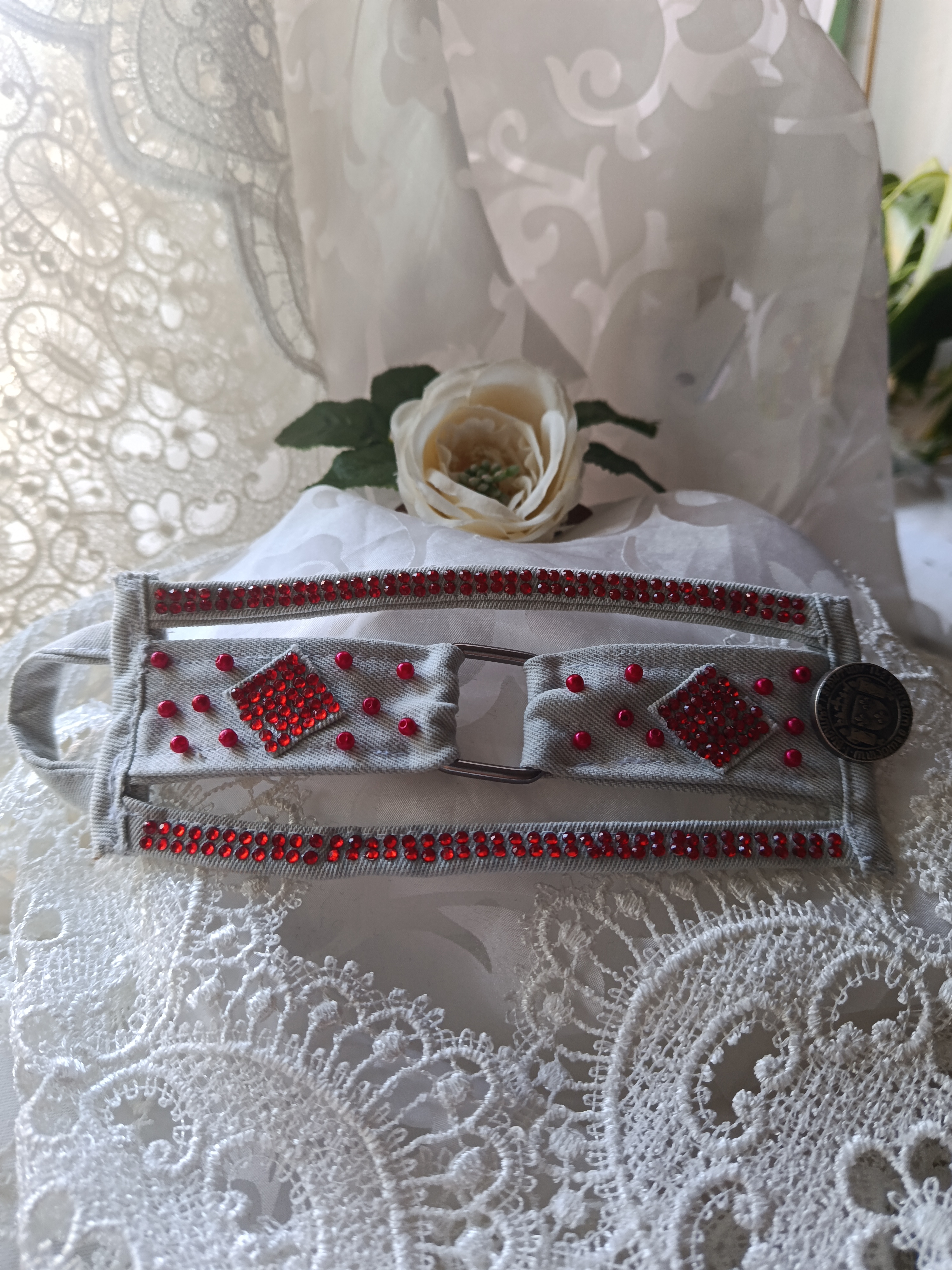 Handcrafted Upcycled Grey Denim Statement Cuff with Red Rhinestones & Metal Buckle